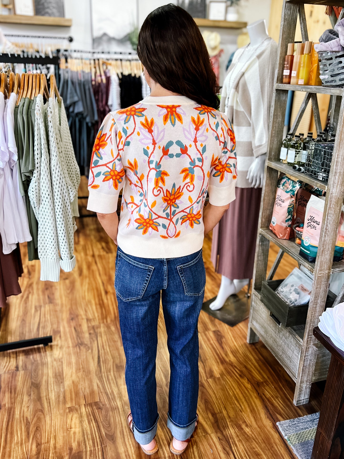Cream w/ Colorful Floral Print Short Sleeve Sweater
