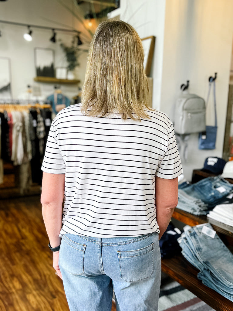 White W/ Black Stripe Top