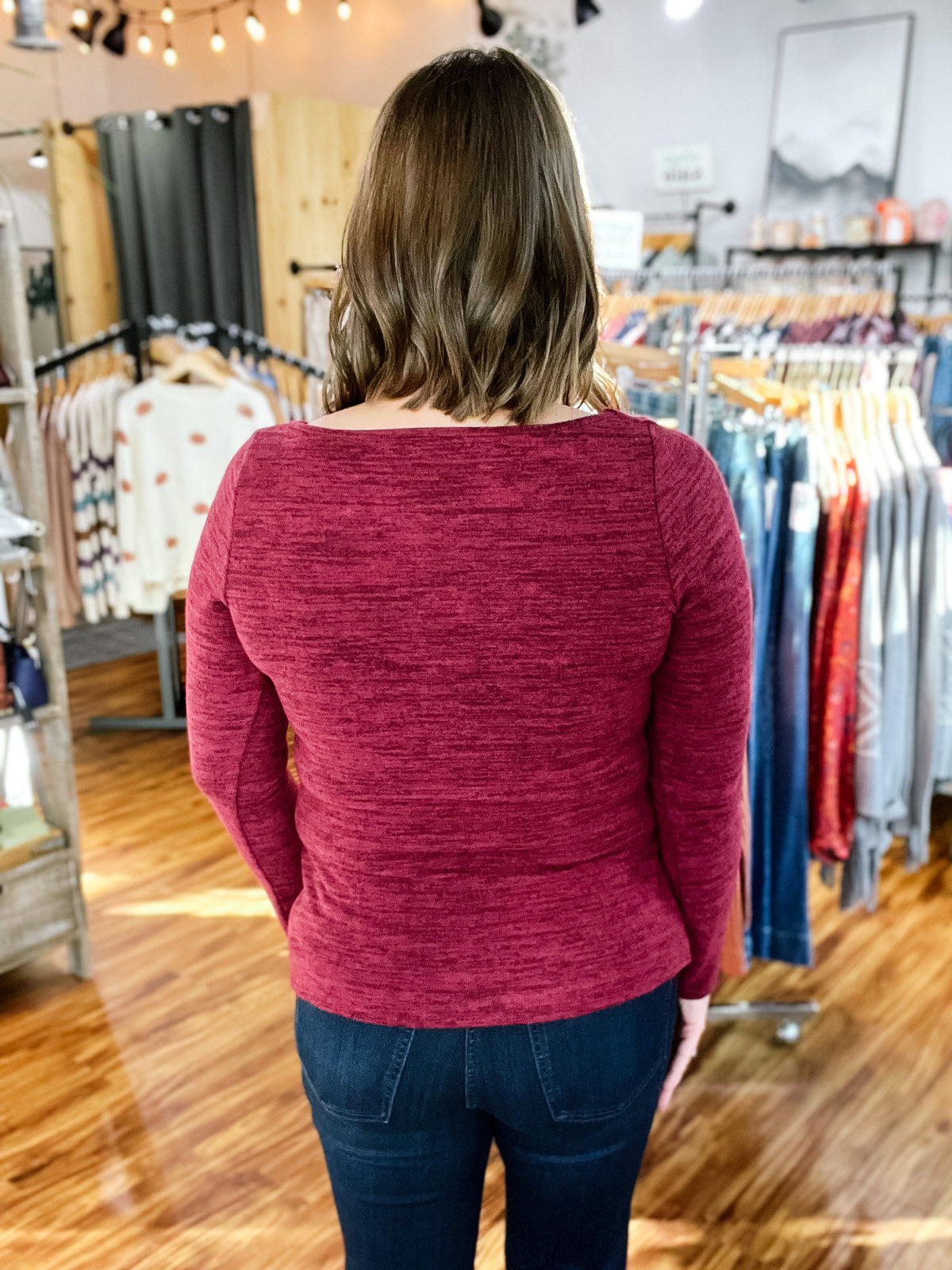 Heathered Cranberry Long Sleeve Twist Top