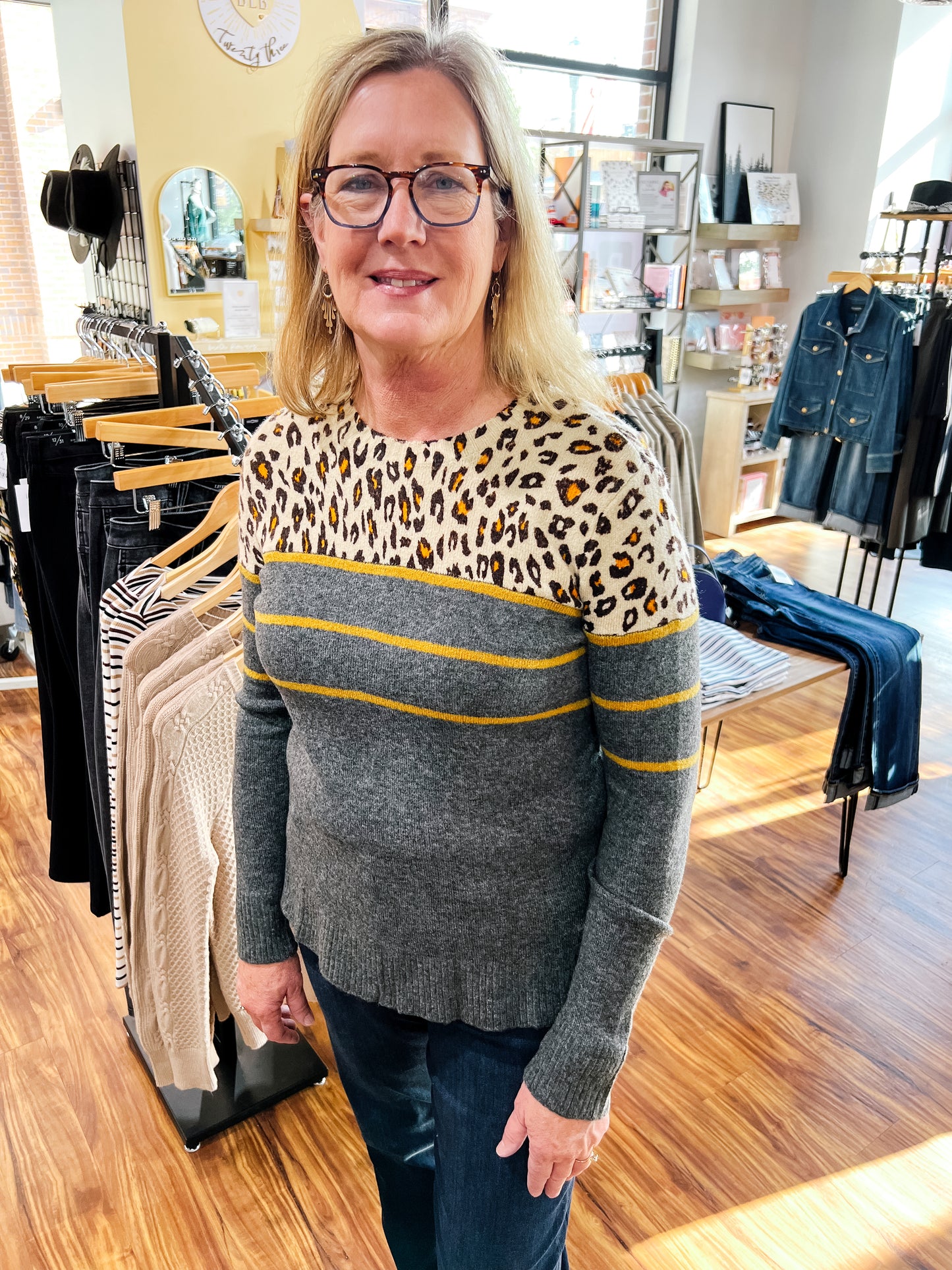 Gray W/Leopard Stripe Sweater