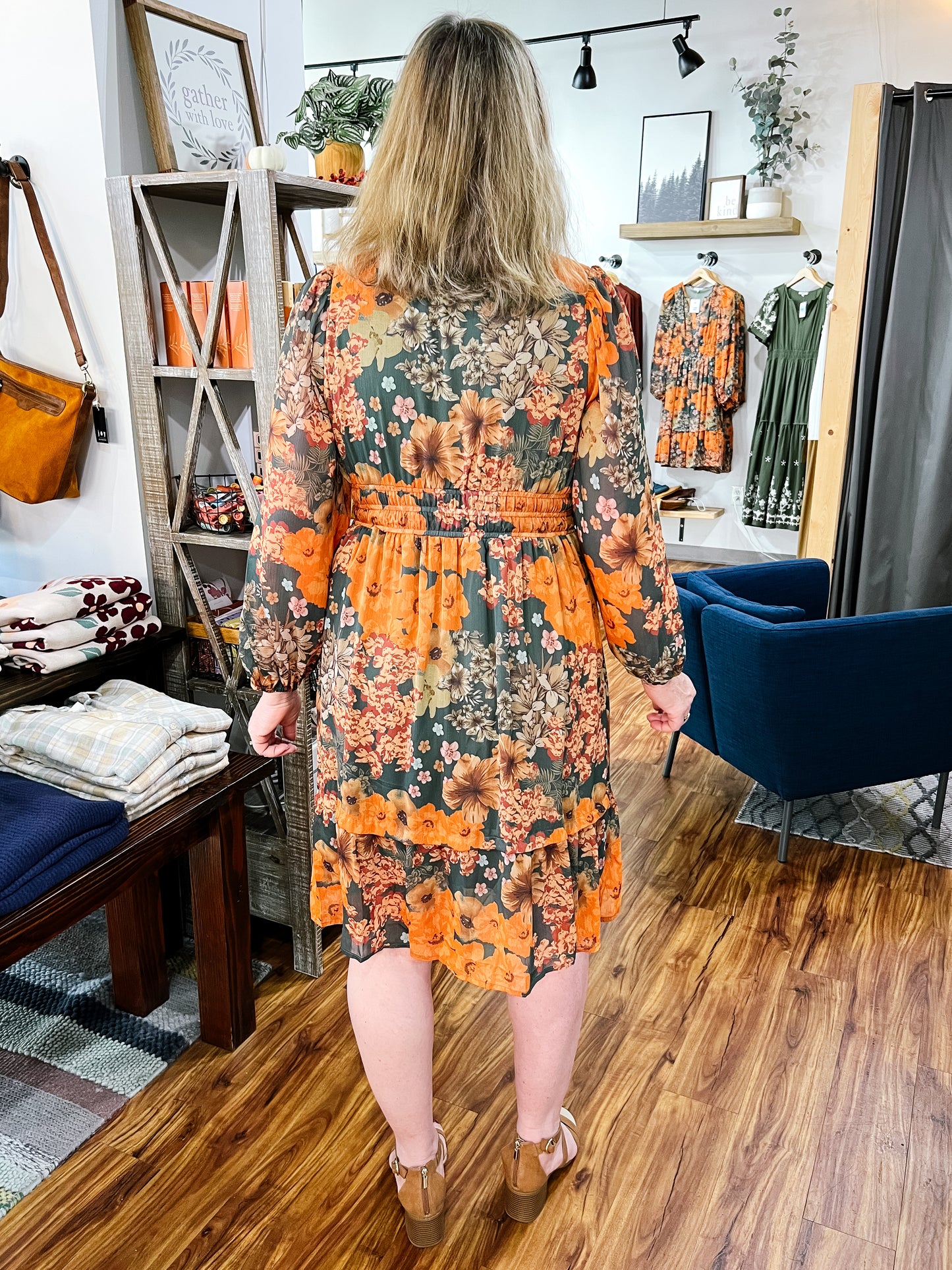 Orange & Green Floral Midi Dress