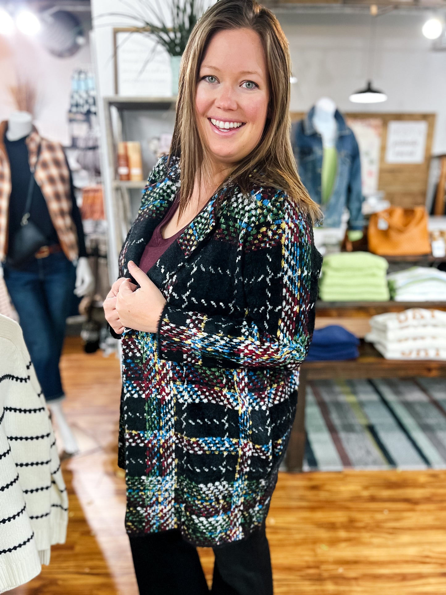 Black Multi Plaid Coatigan