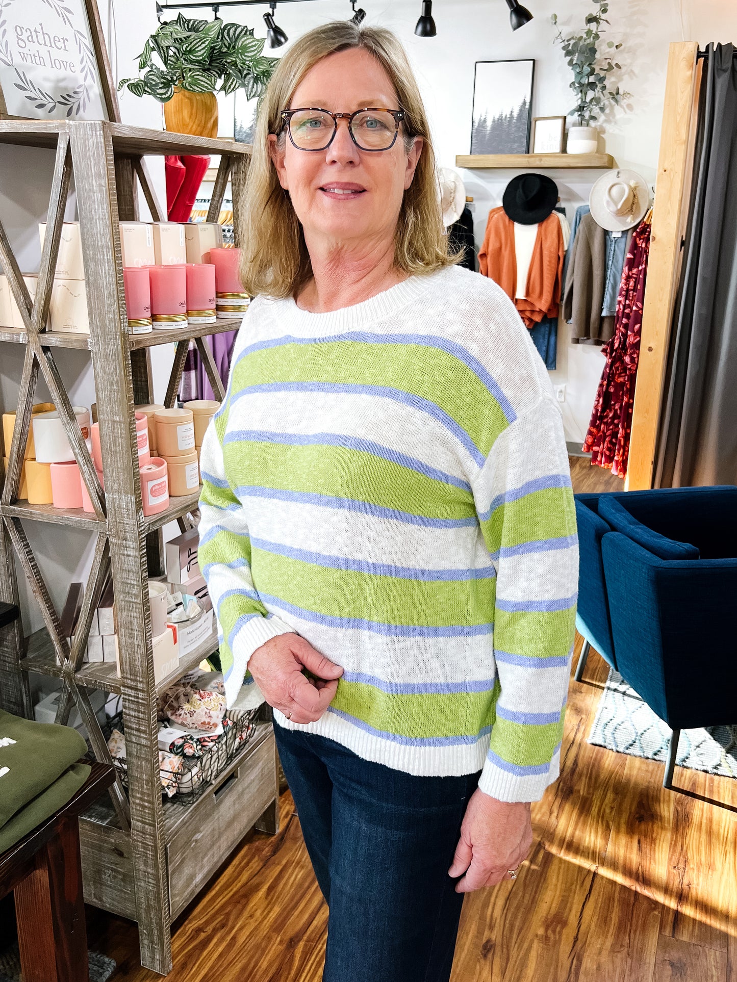 Chartreuse, Blue, & White Stripe Sweater