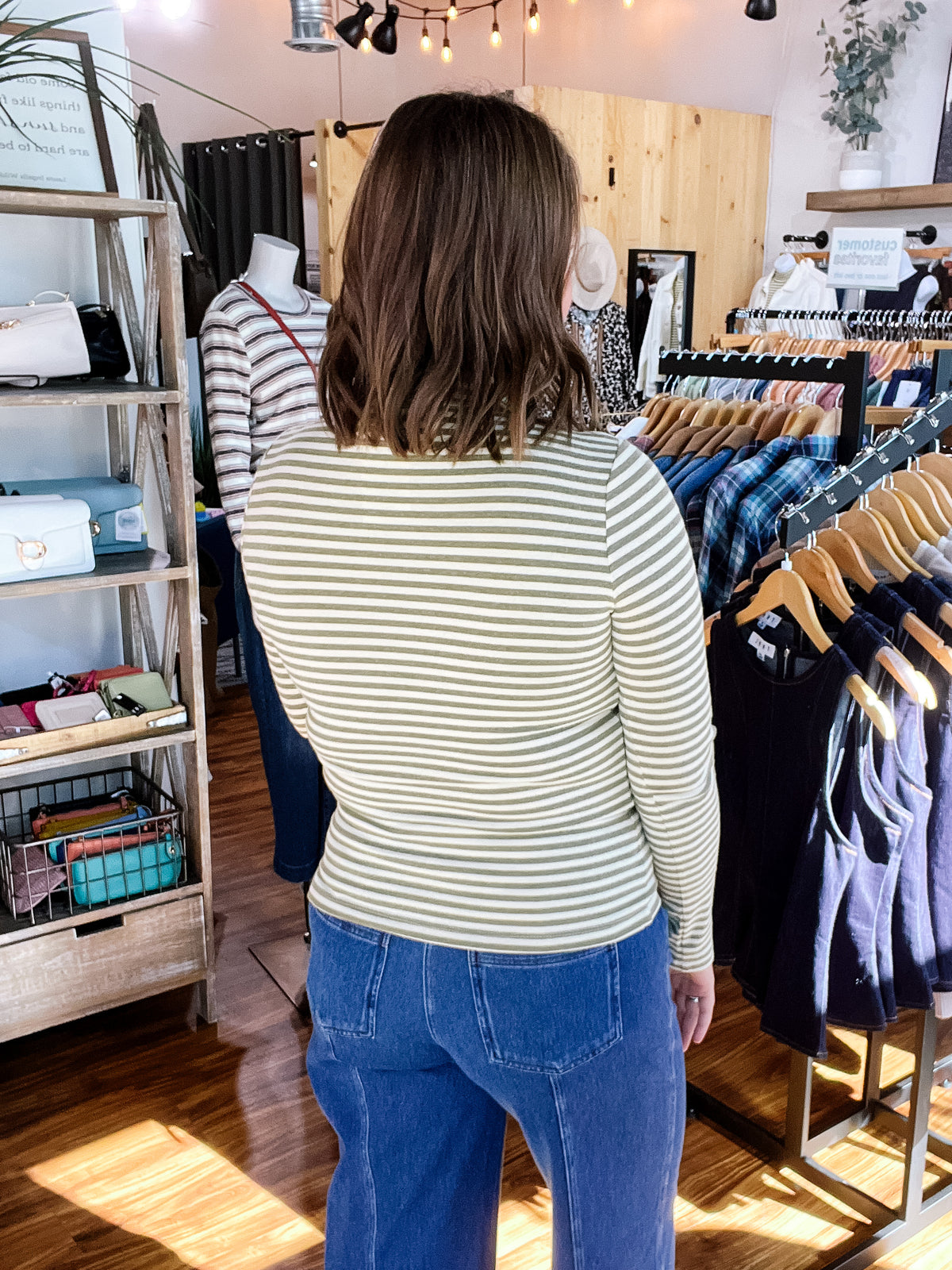 Cream & Olive Green Stripe Mock Neck Top