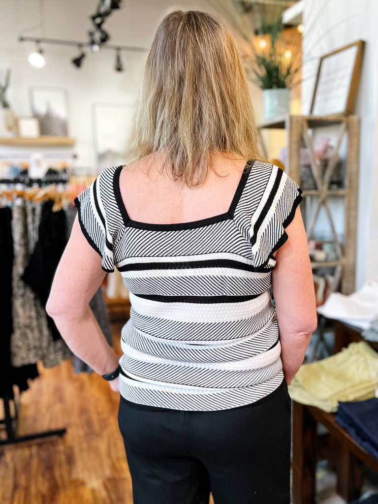 Black W/White Stripe Flutter Sleeve Tank