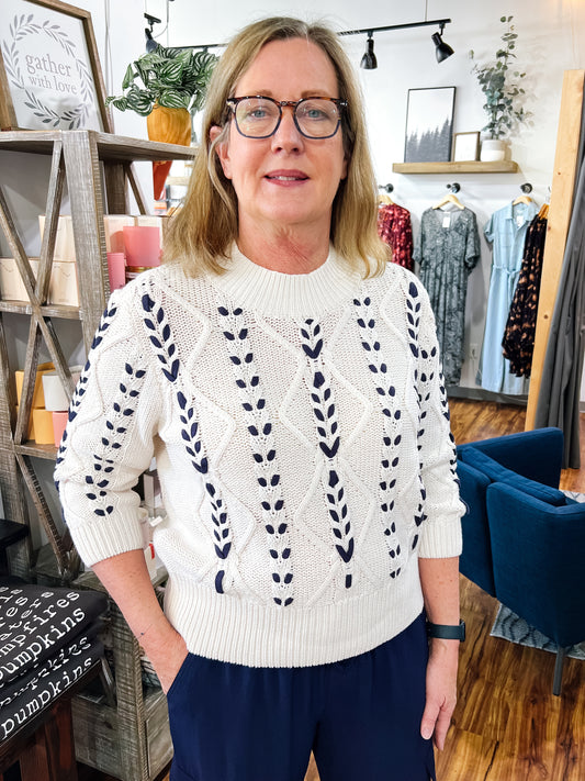Ivory W/Large Navy Stitching Sweater