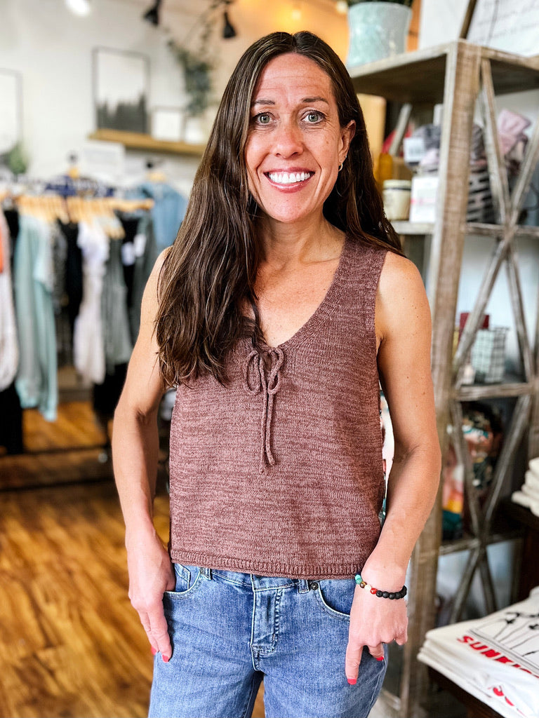 Brown Knit V Neck Tank
