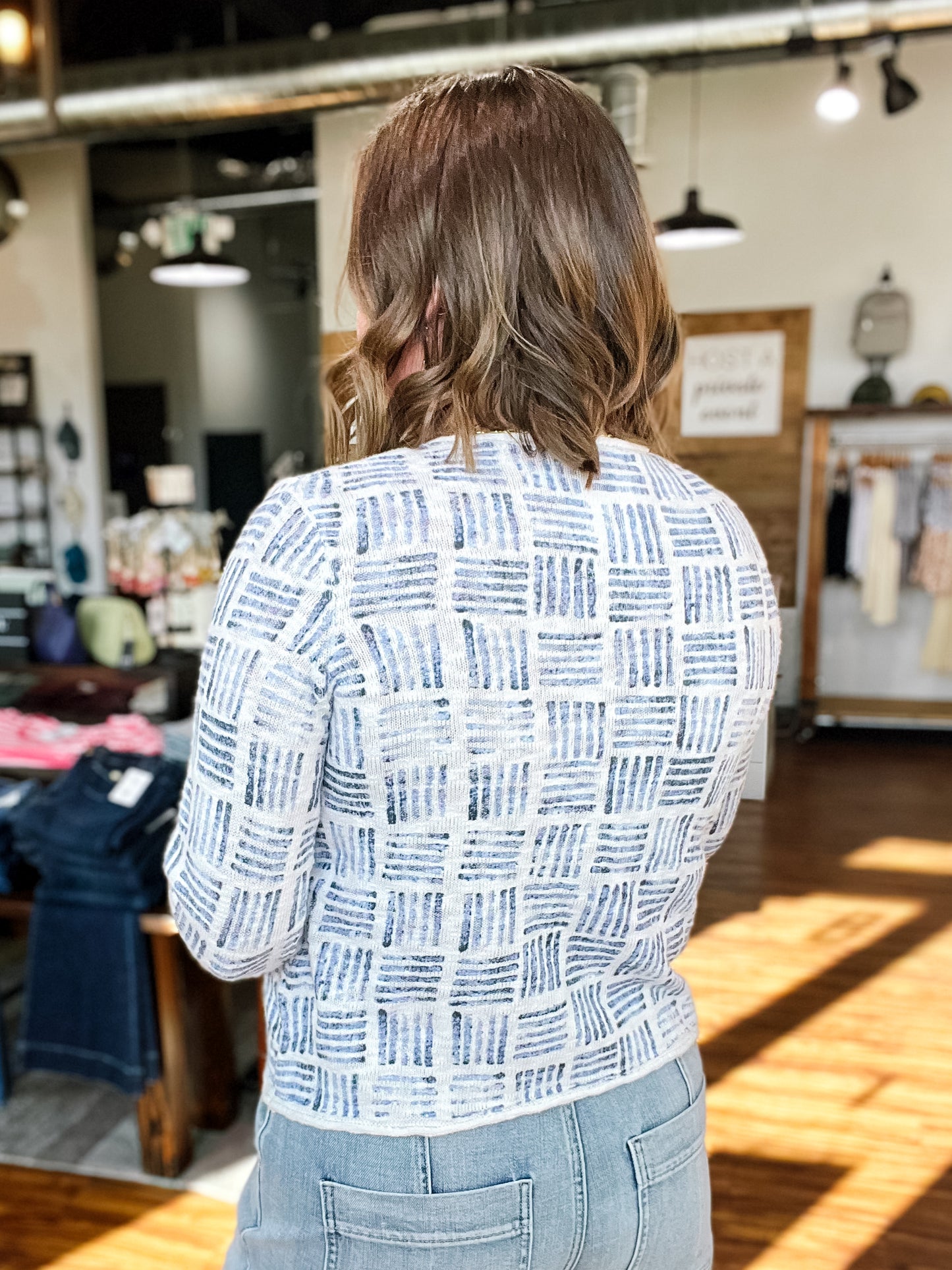 White W/Blue Stamped Pullover Top
