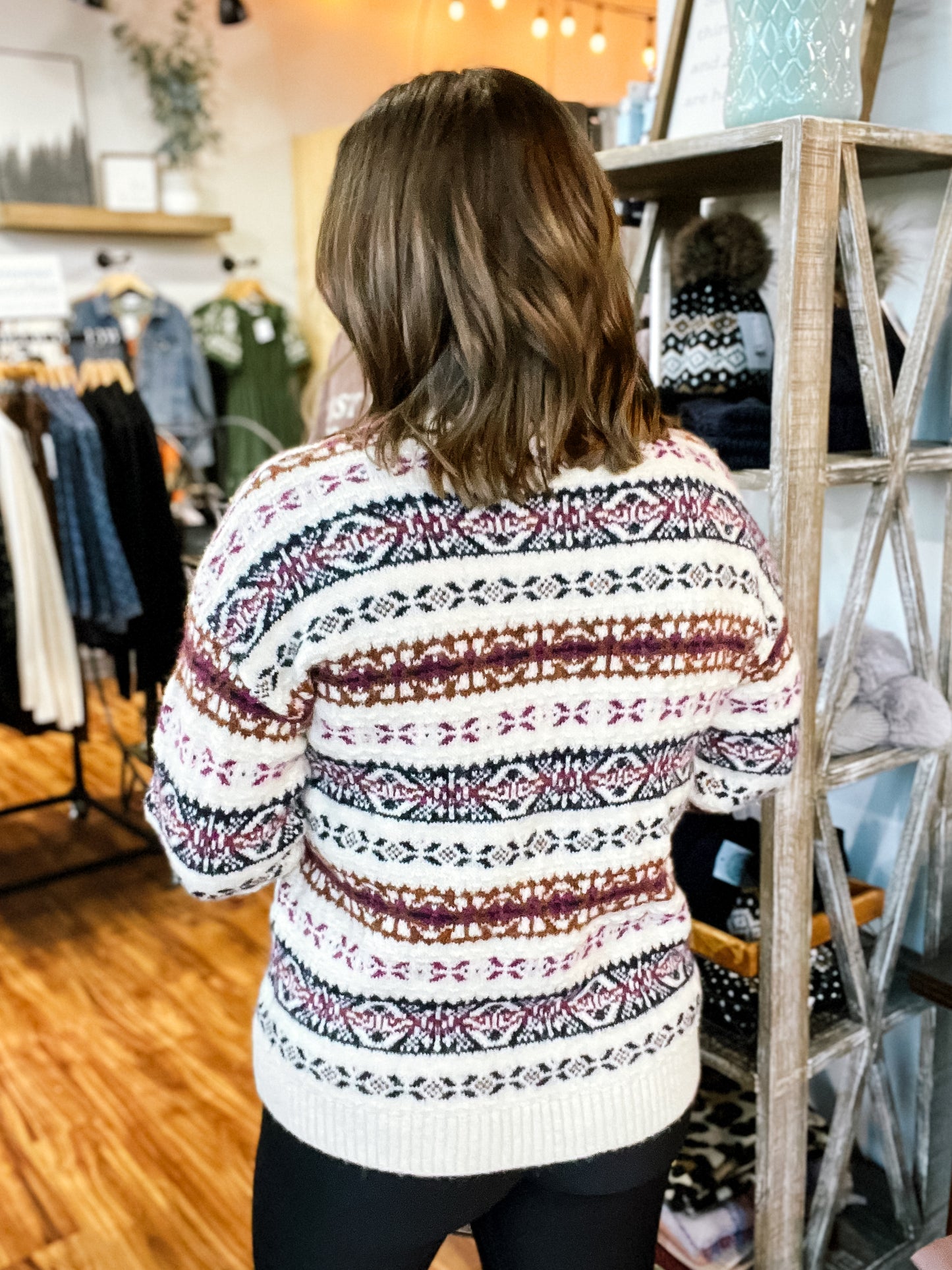 Cream Burgundy Navy Pattern Sweater