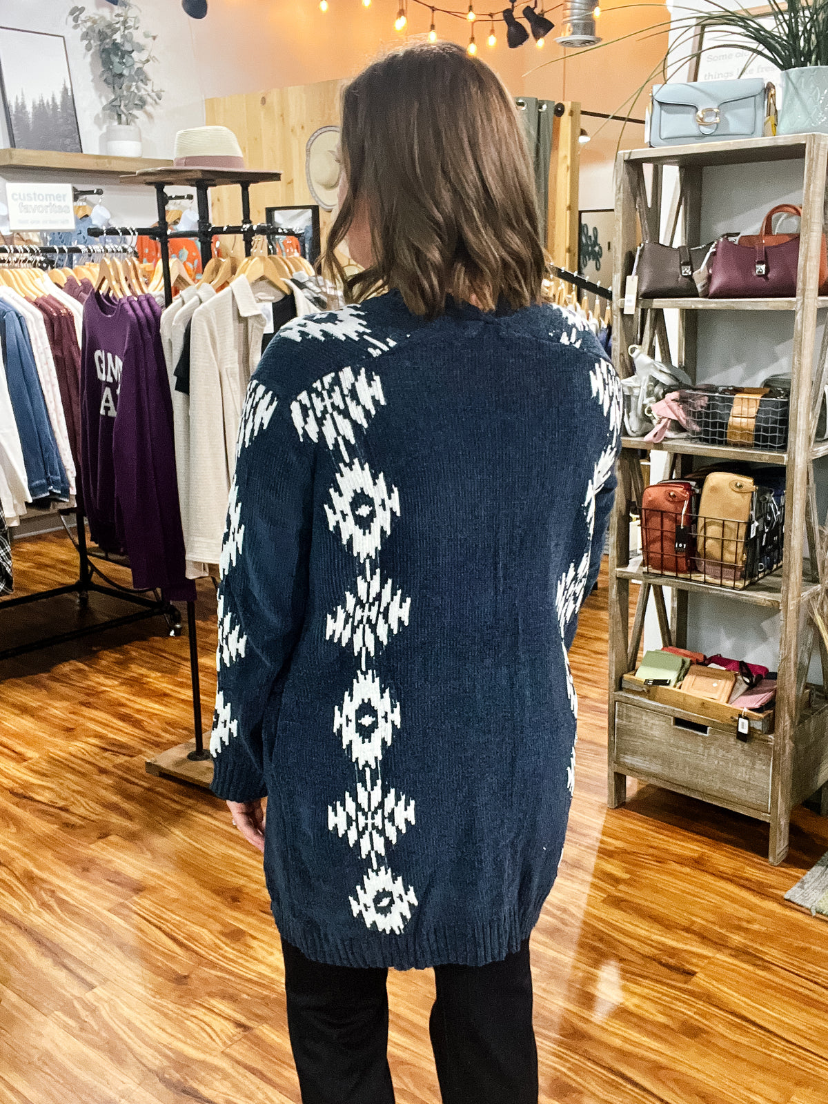 Navy & White Print Chenille Cardigan