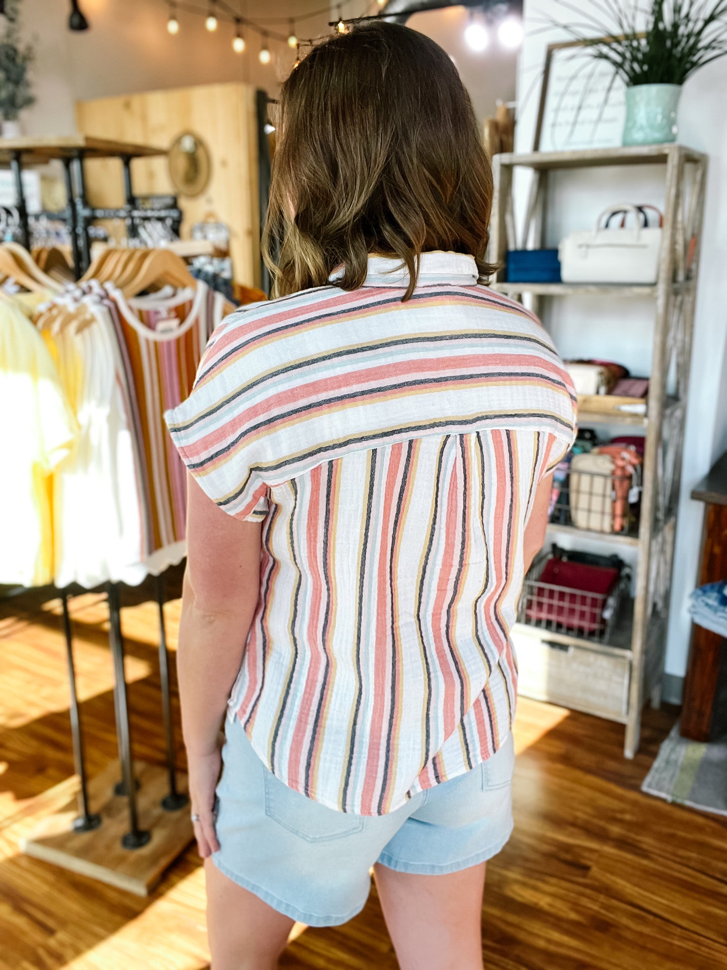 Cream Vertical Stripe Gauze Top