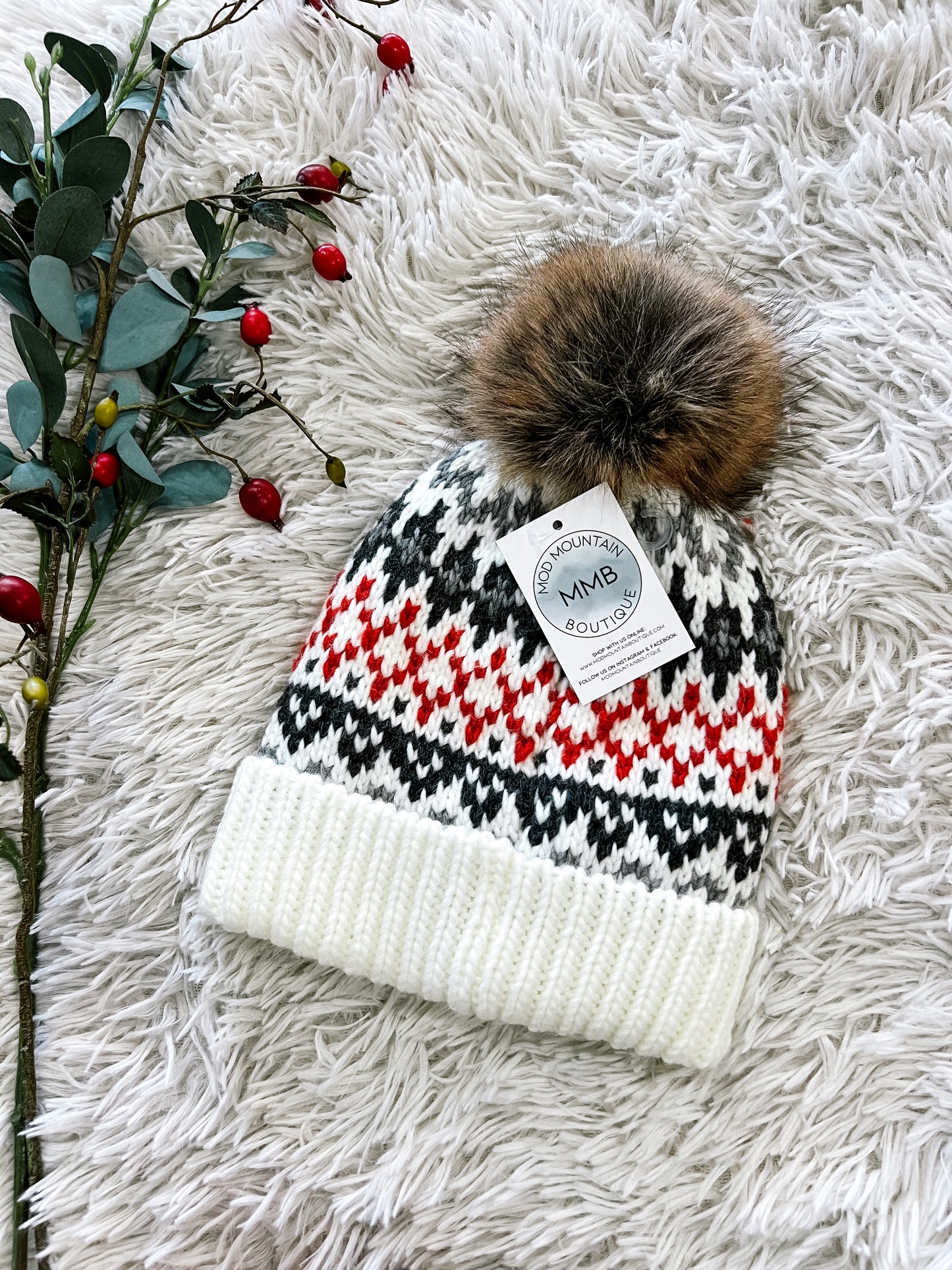 Ivory W/Gray & Red Pom Beanie