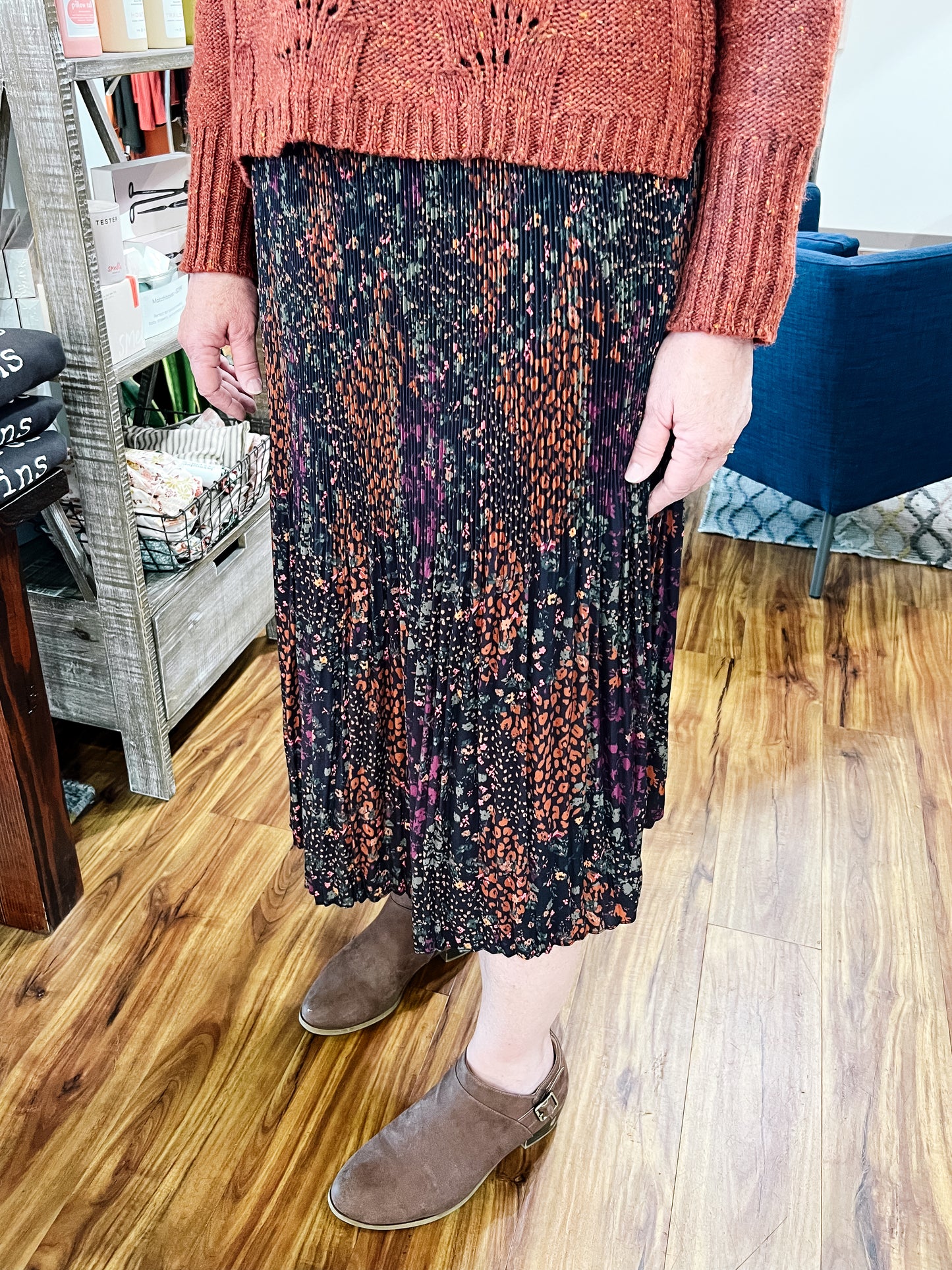Black Floral Plisse Skirt