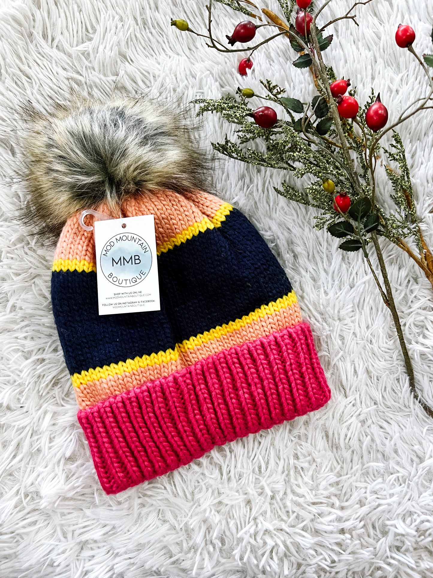 Navy & Pink Ski Pom Beanie