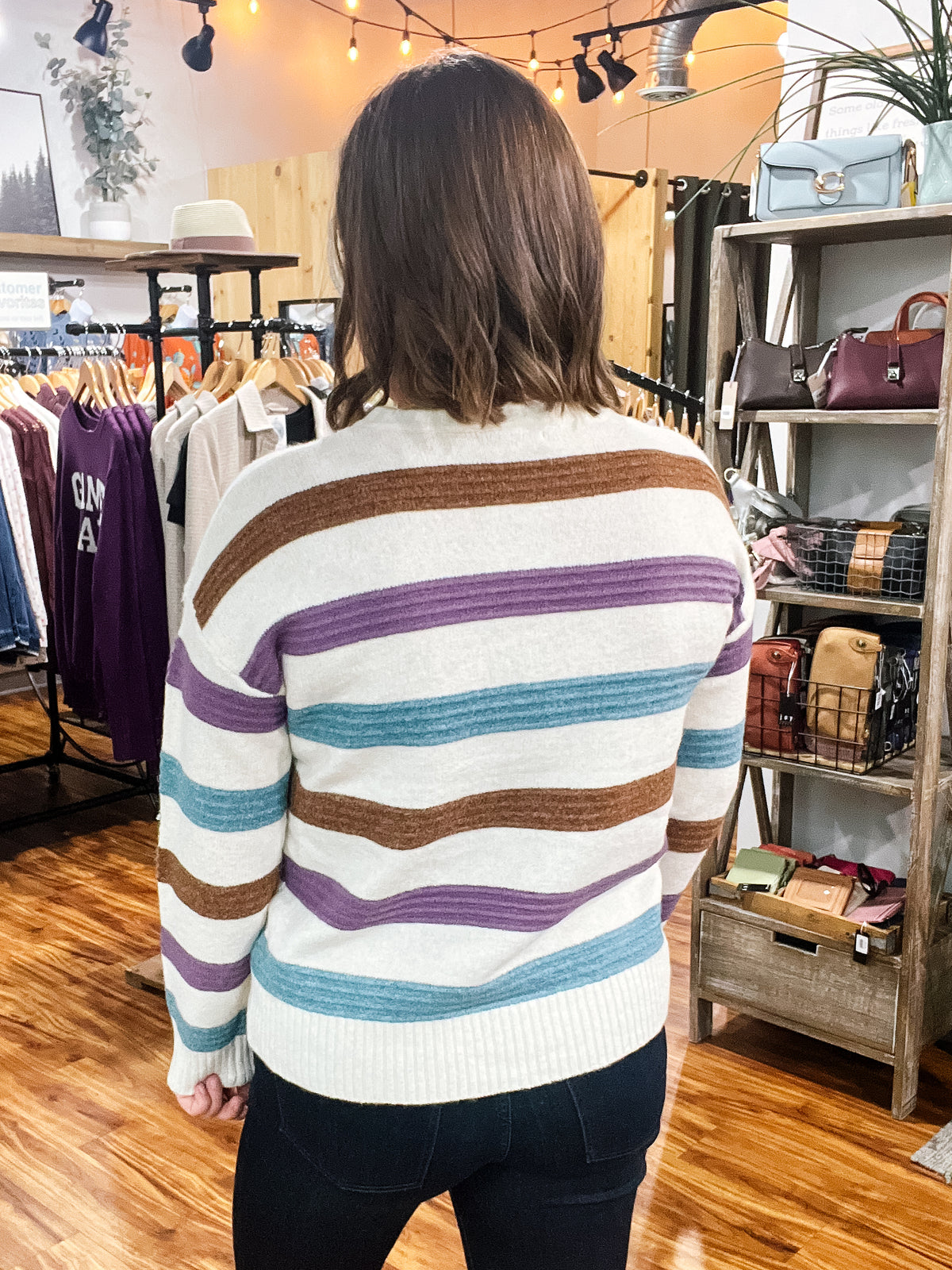 Natural, Dusty Teal, Plum, & Mocha Striped Sweater