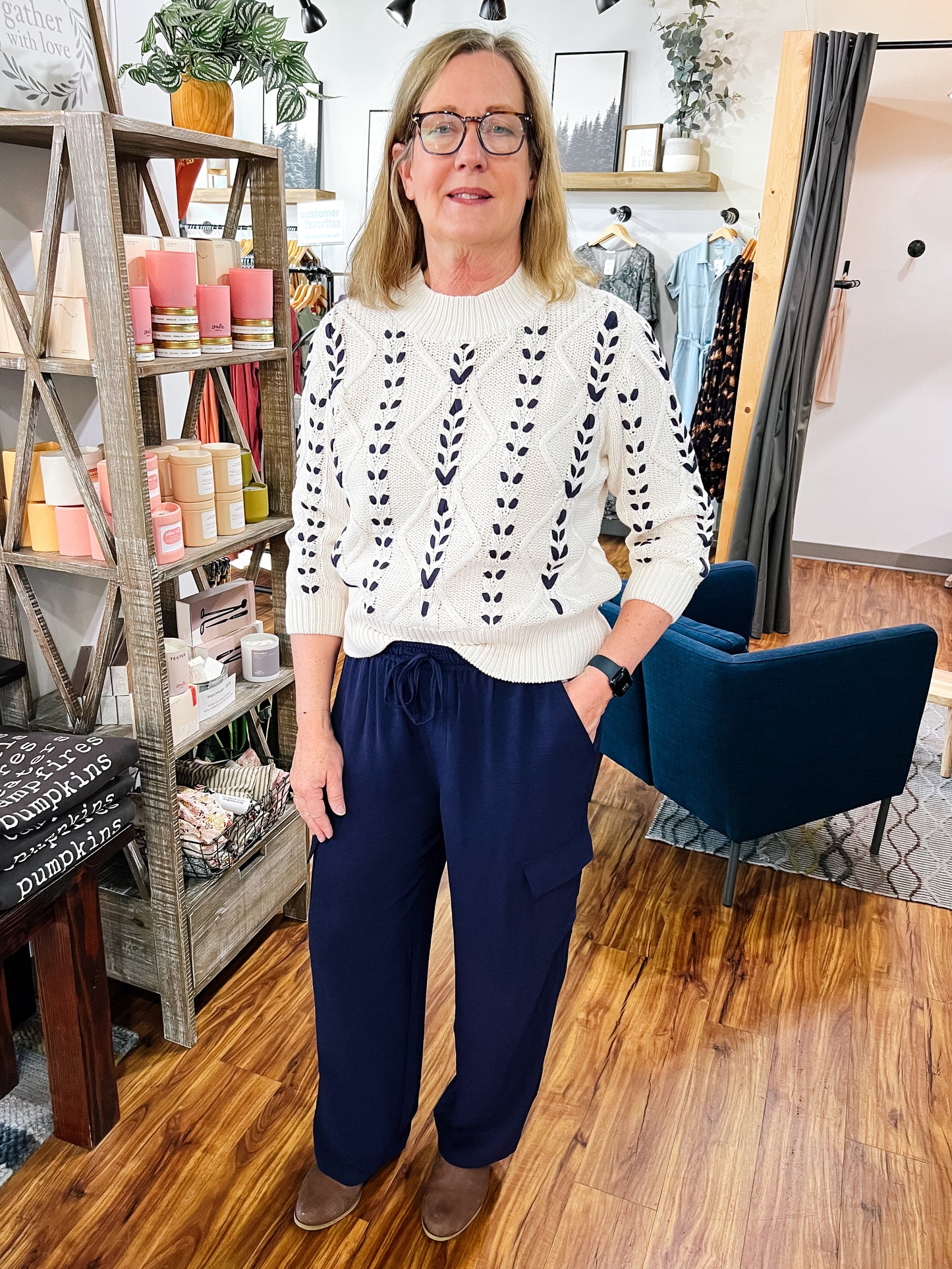 Ivory W/Large Navy Stitching Sweater