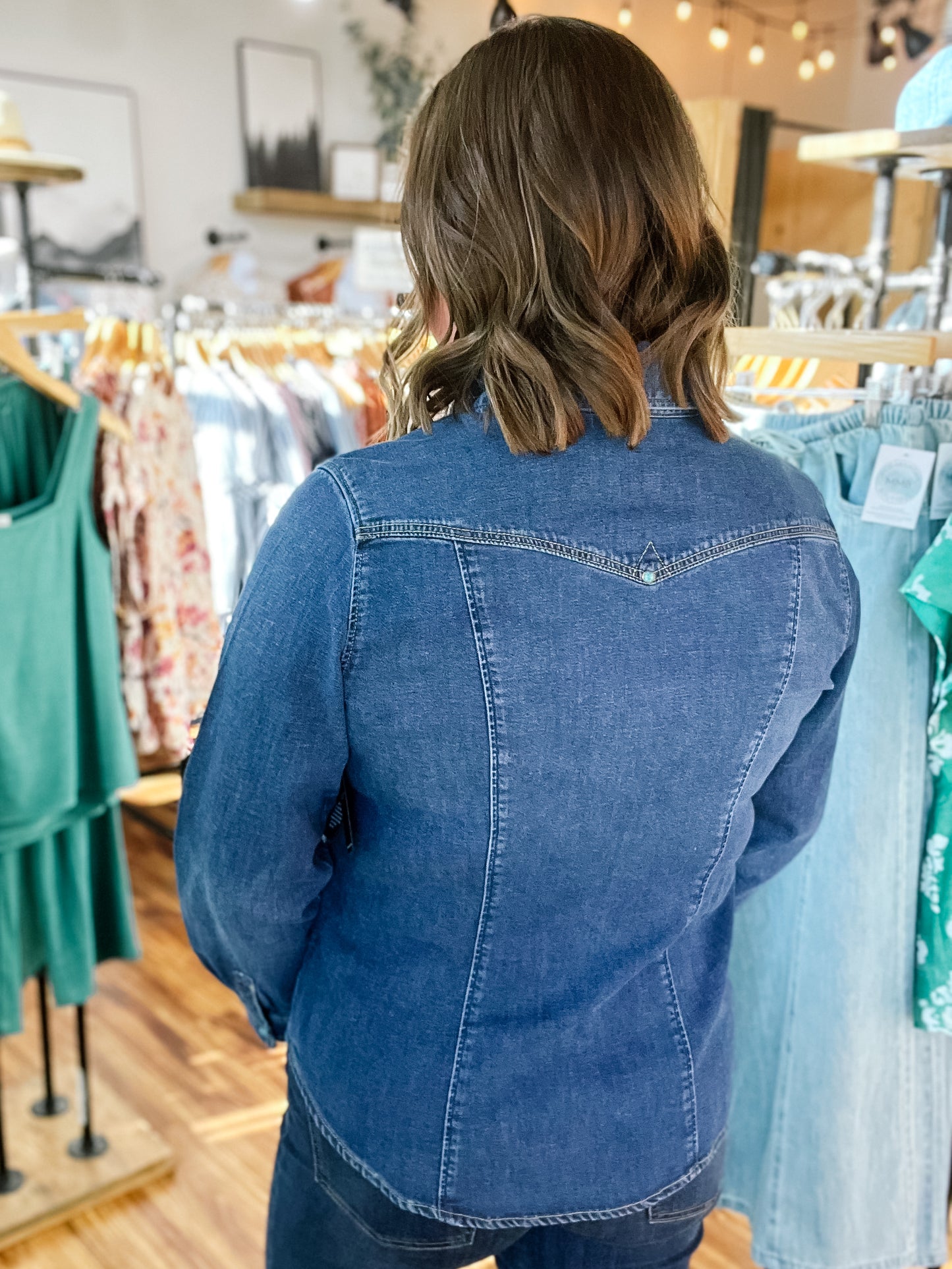 Dark Wash Western Top w/ Turquoise Buttons
