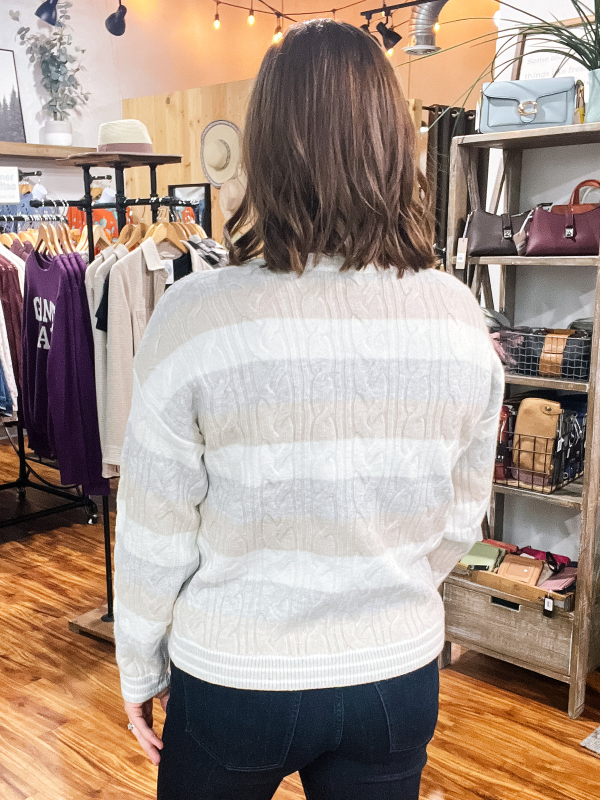 Cream Striped Cable Knit Sweater