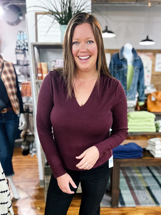 Maroon V-Neck Long Sleeve Top