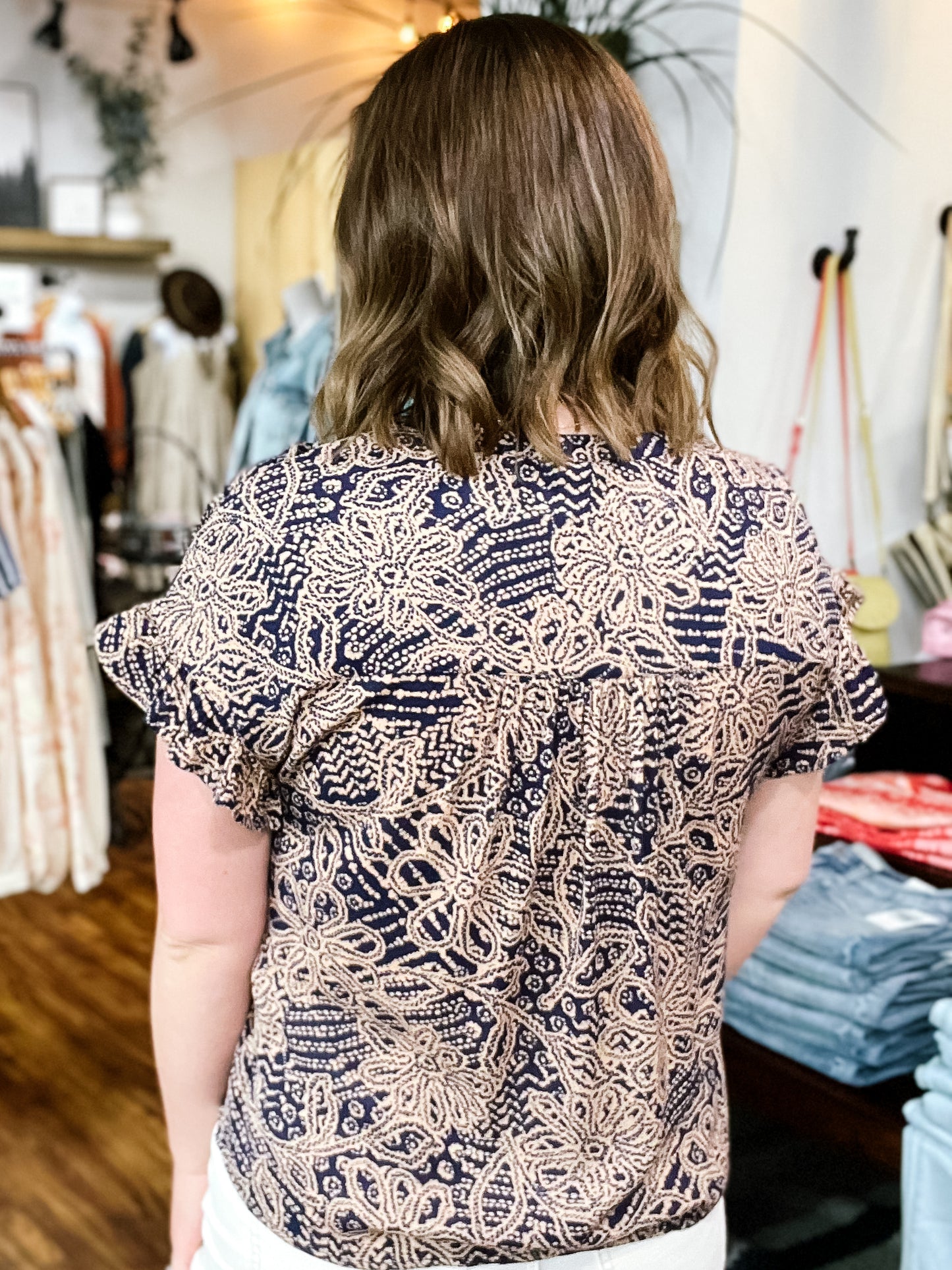 Navy & Beige Shirred Front Top