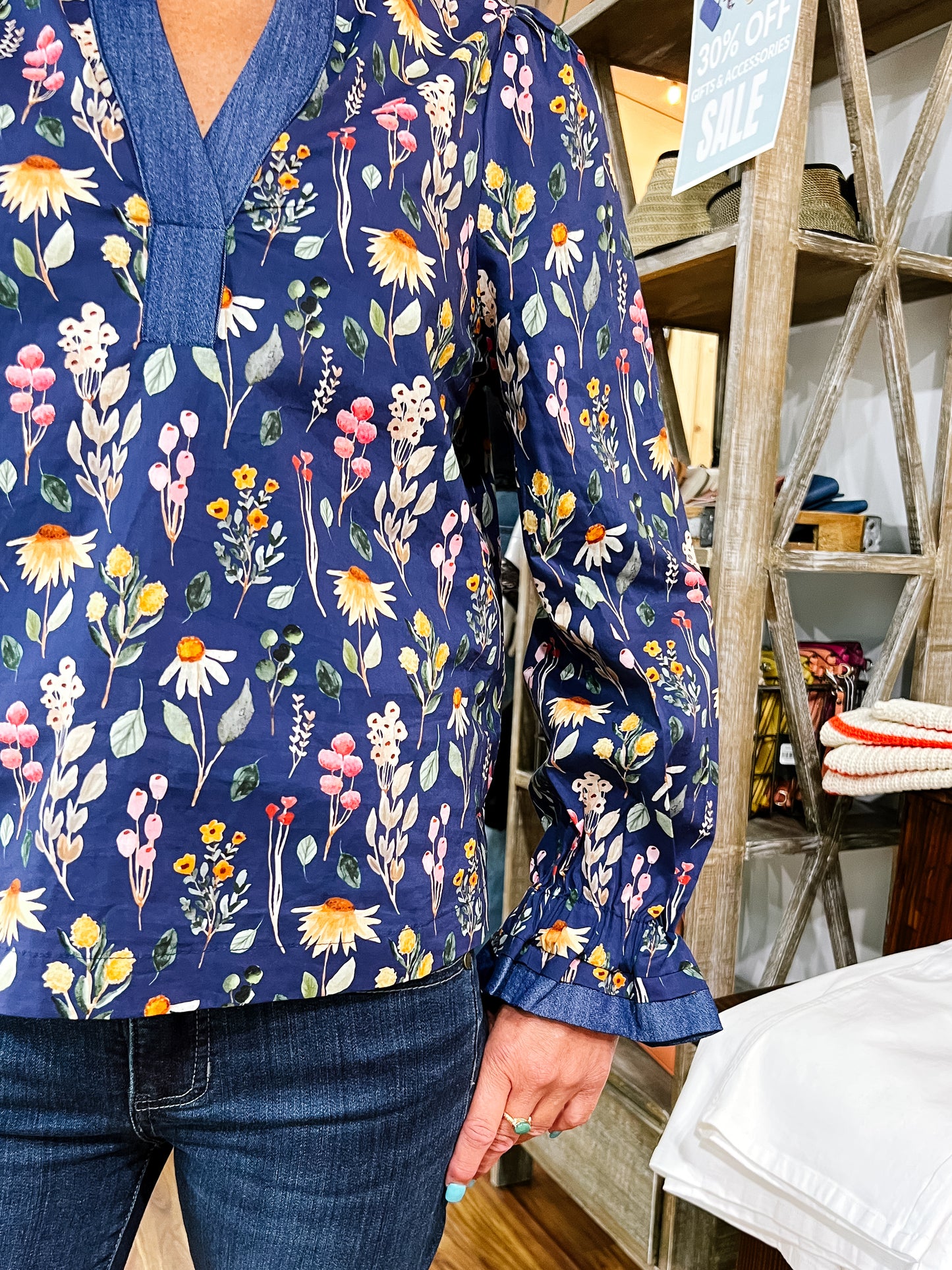 Navy Blue Ruffled Neck Floral Top