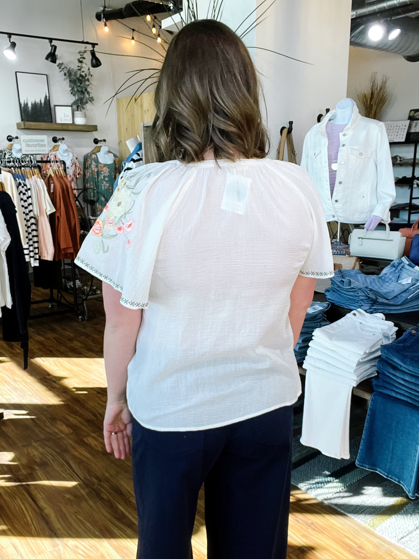 Cream W/ Floral Embroidery Short Sleeve Top