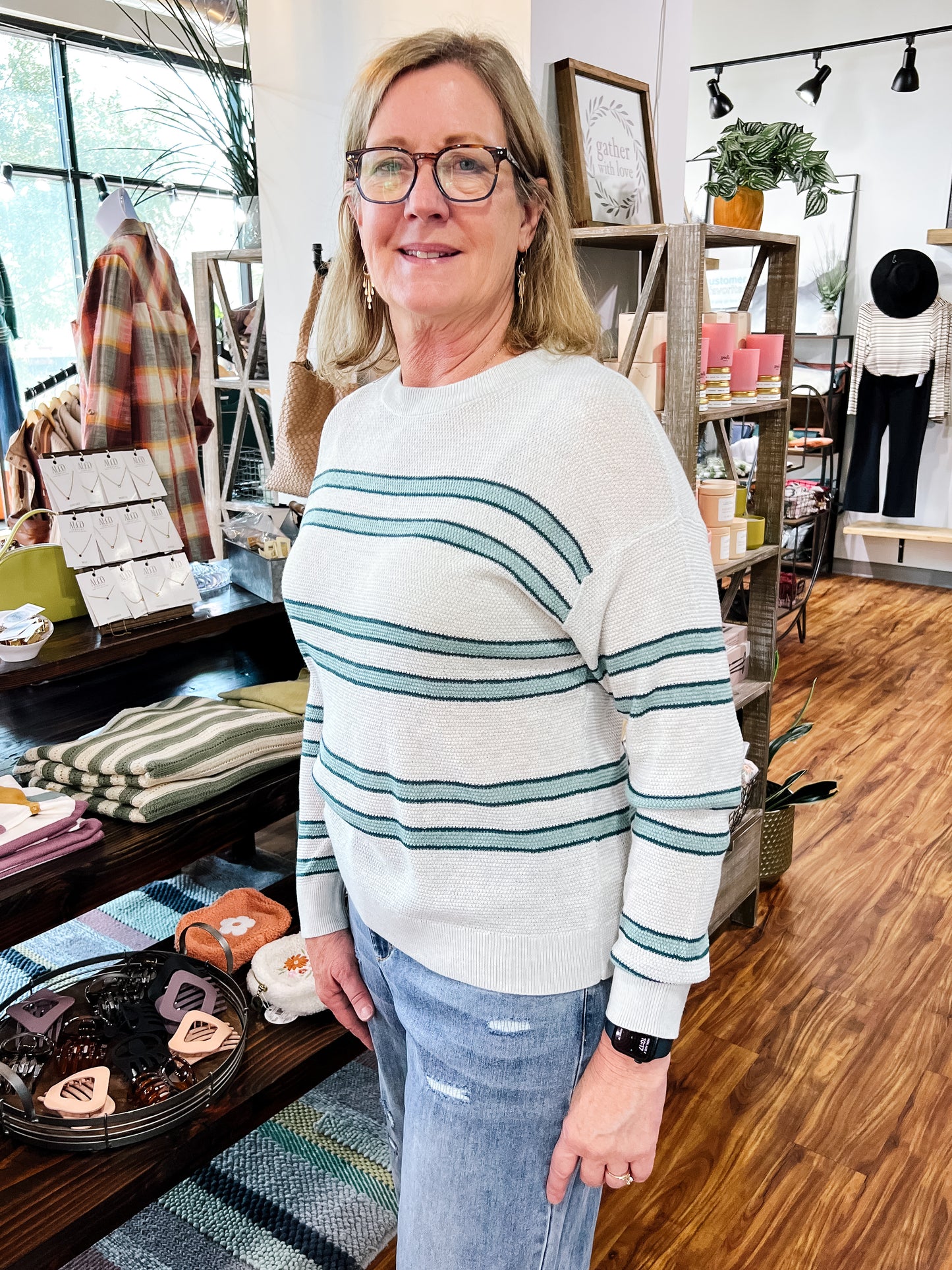 Silver W/Shades Of Blue Stripes Sweater