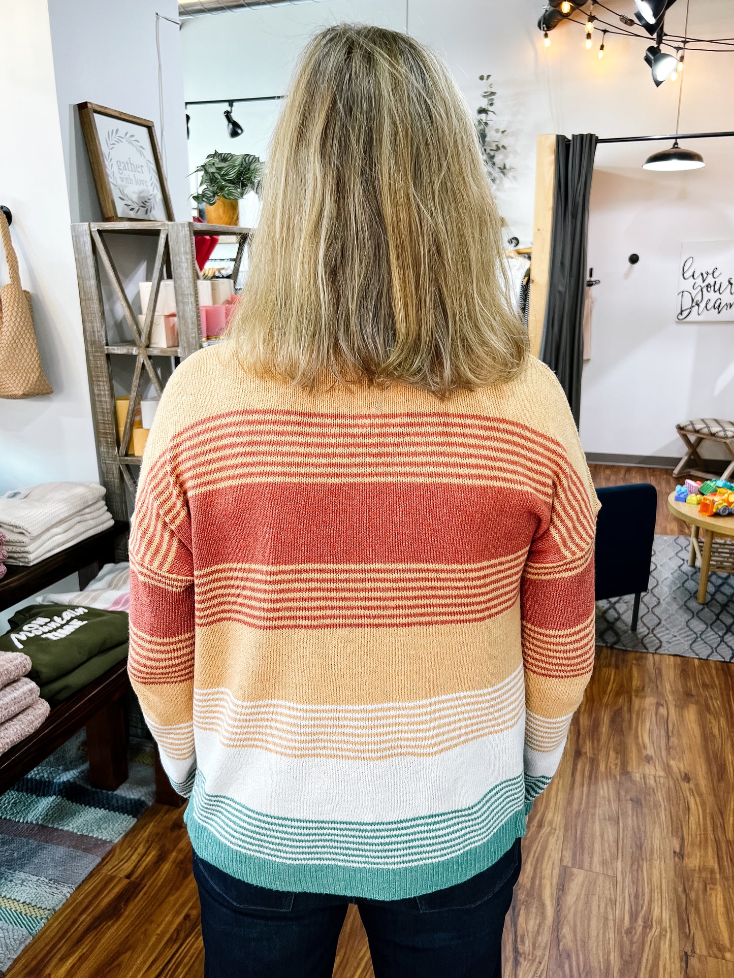 Camel, Rust, & Green Stripe Sweater