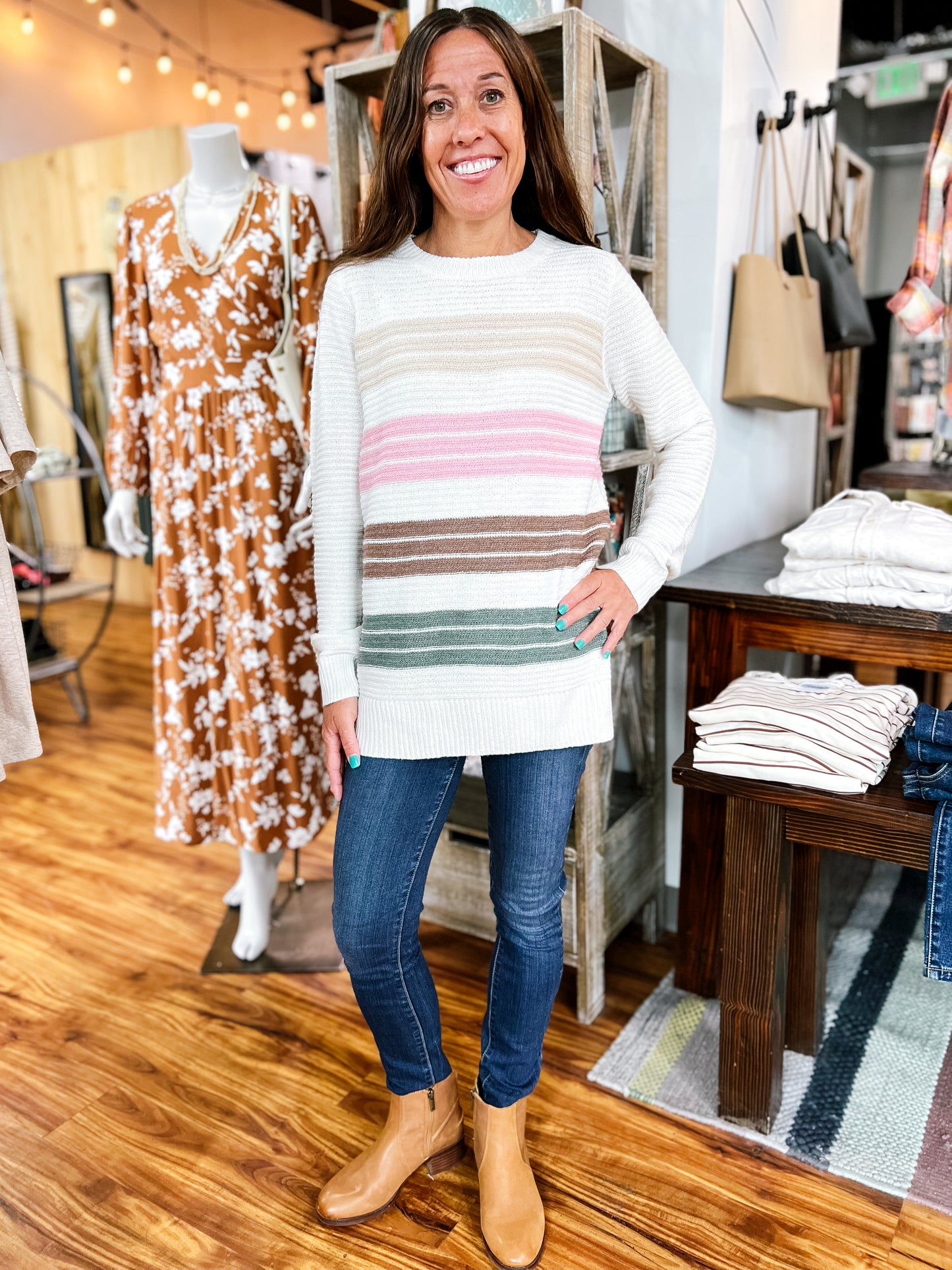 Taupe & Pink Multi Color Stripe Sweater