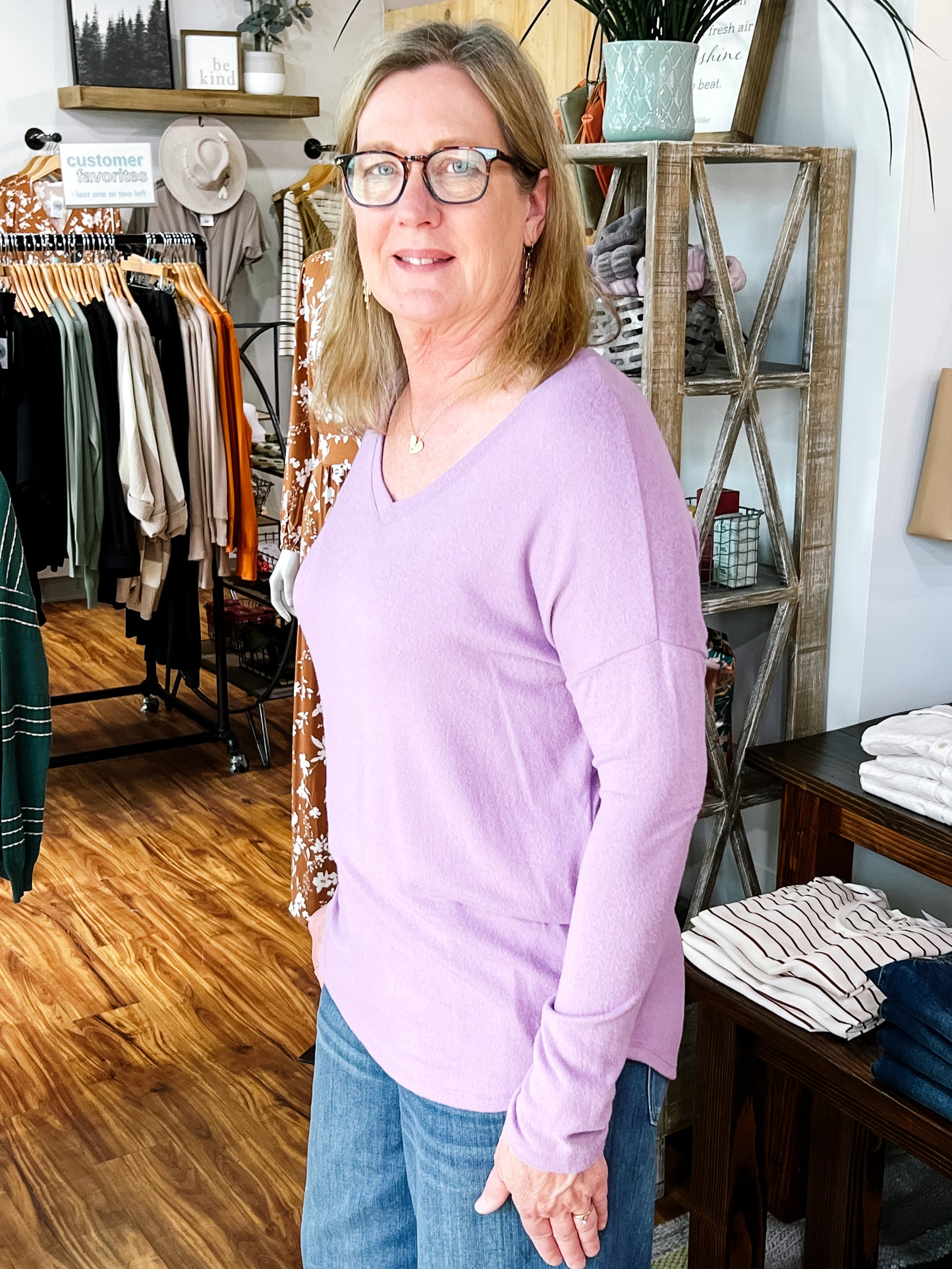 Purple V Neck Knit Top
