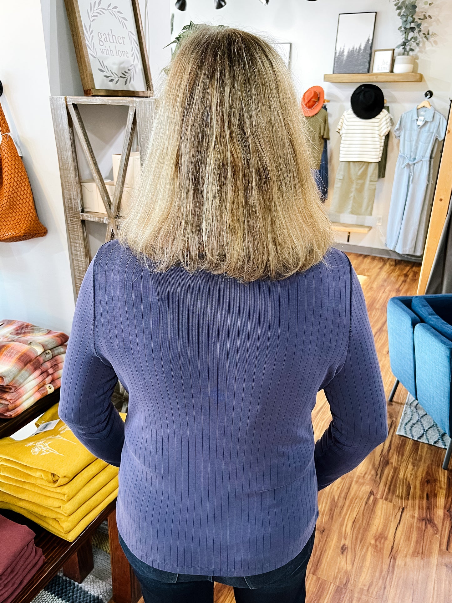 Washed Navy Long Sleeve Boat Neck Top