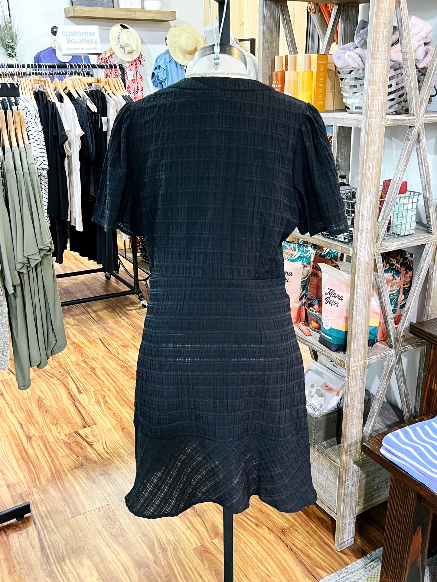 Black Short Sleeve Tie Waist Dress