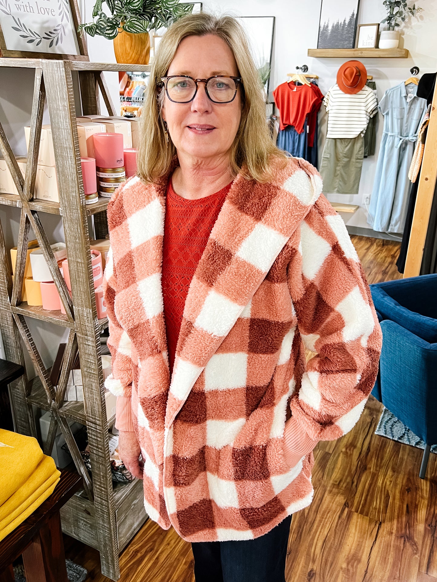 Pink Check Sherpa Hooded Cardigan