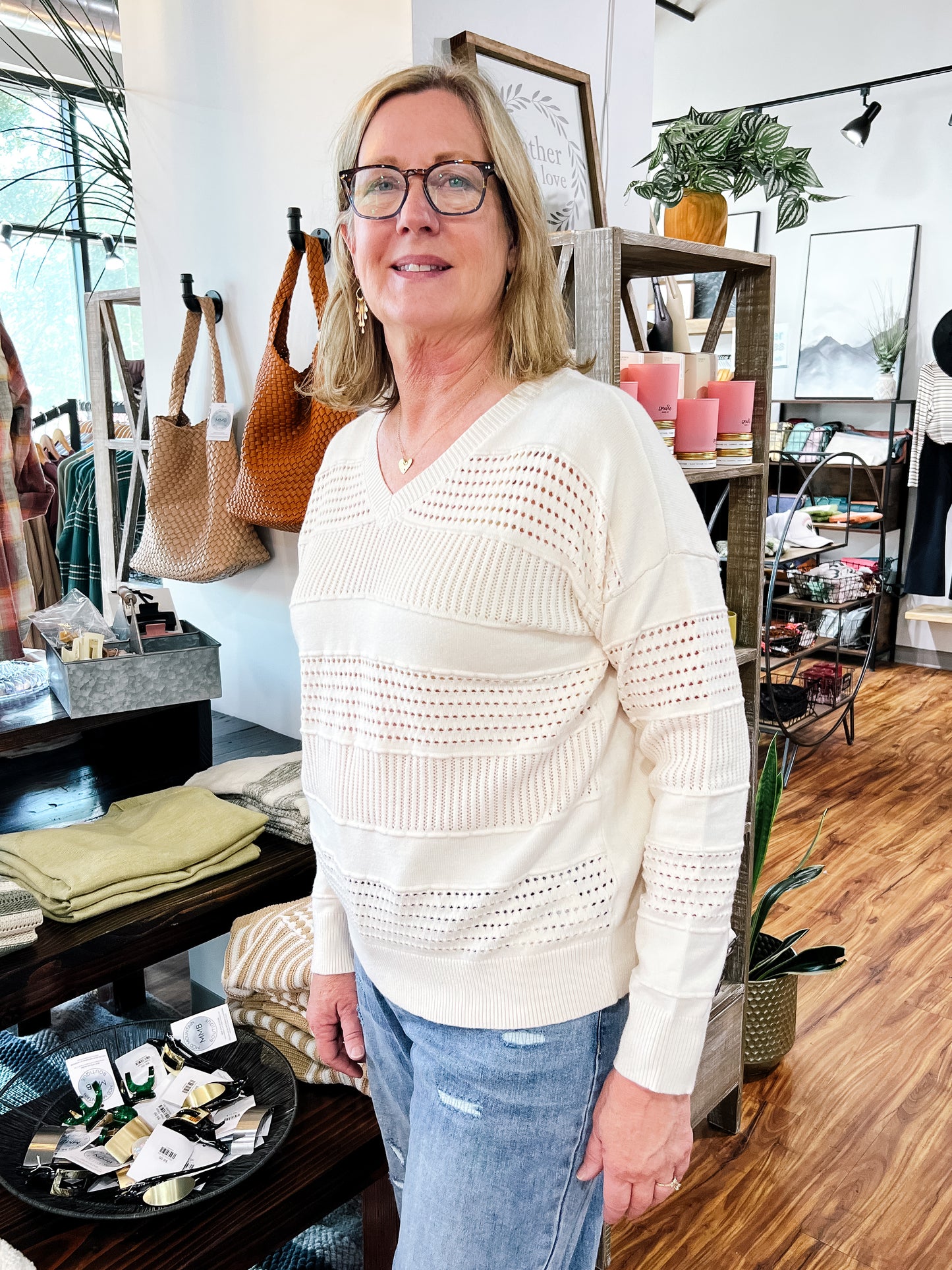 Almond Pointelle V Neck Sweater