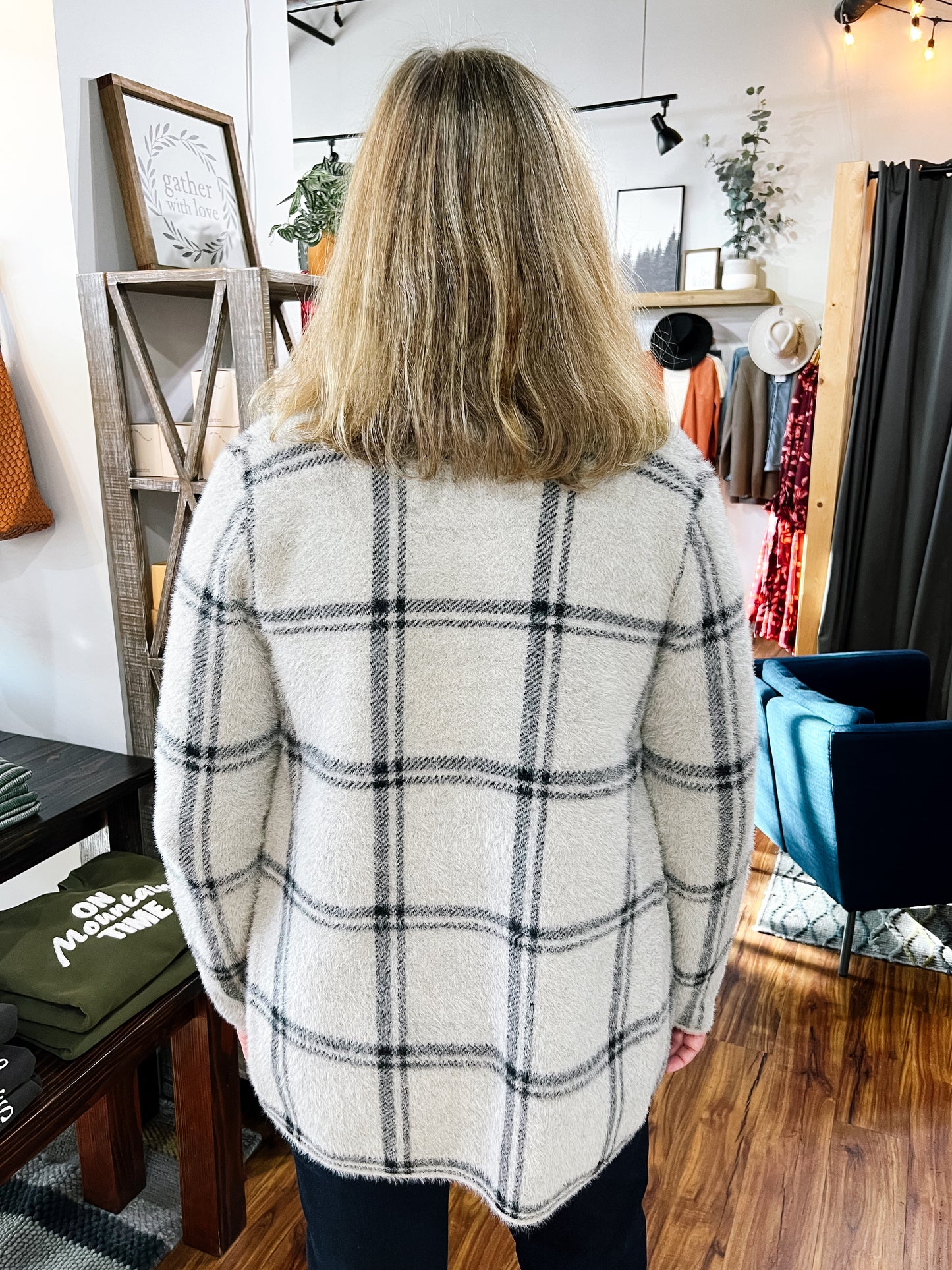 Gray Plaid Open Cardigan