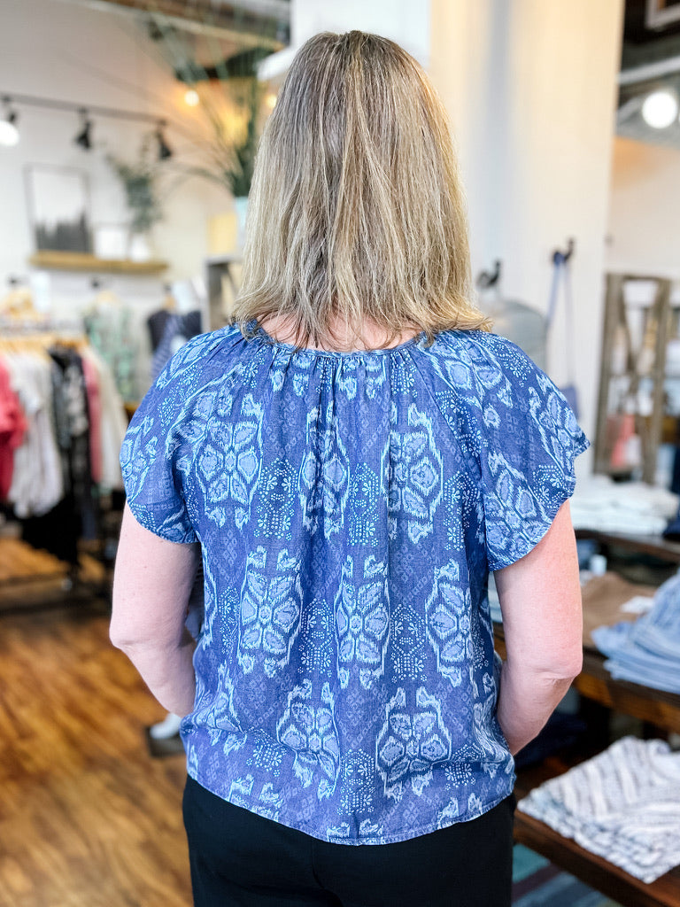 Blue Flutter Sleeve Tribal Top