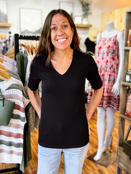 Black Double Layered Short Sleeve V Neck