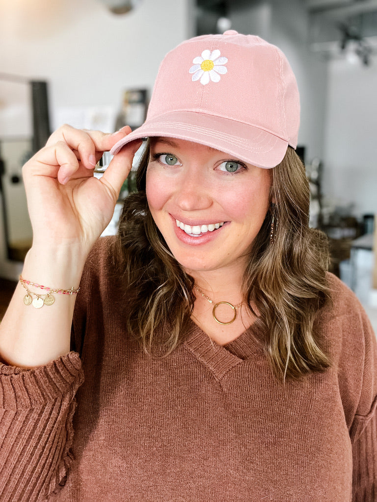 Daisy Embroidered Pink Cap