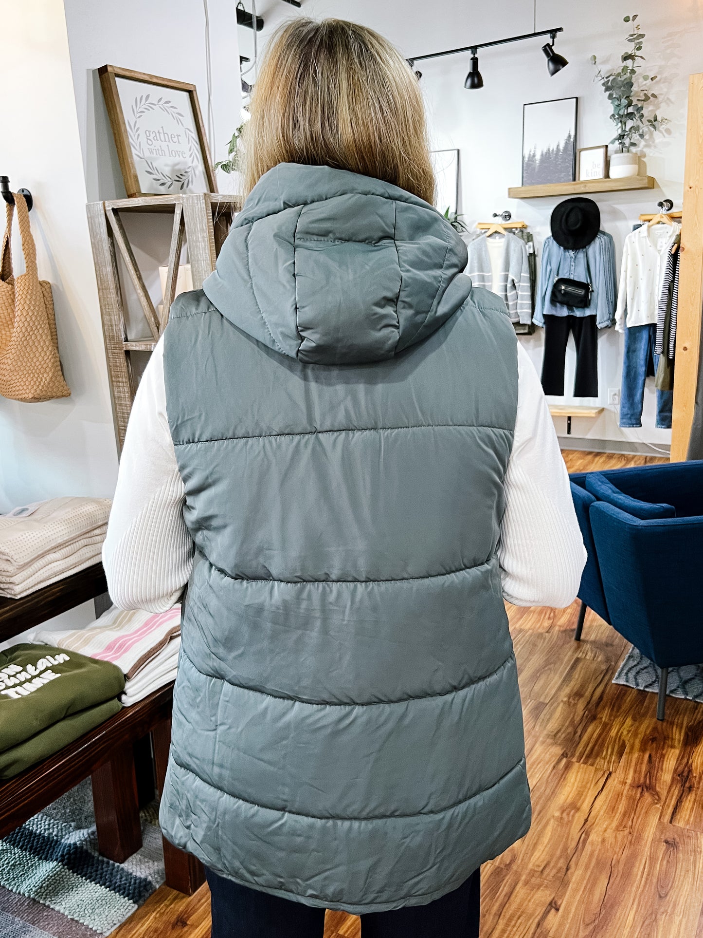 Green Long Puffer Vest W/ Hood