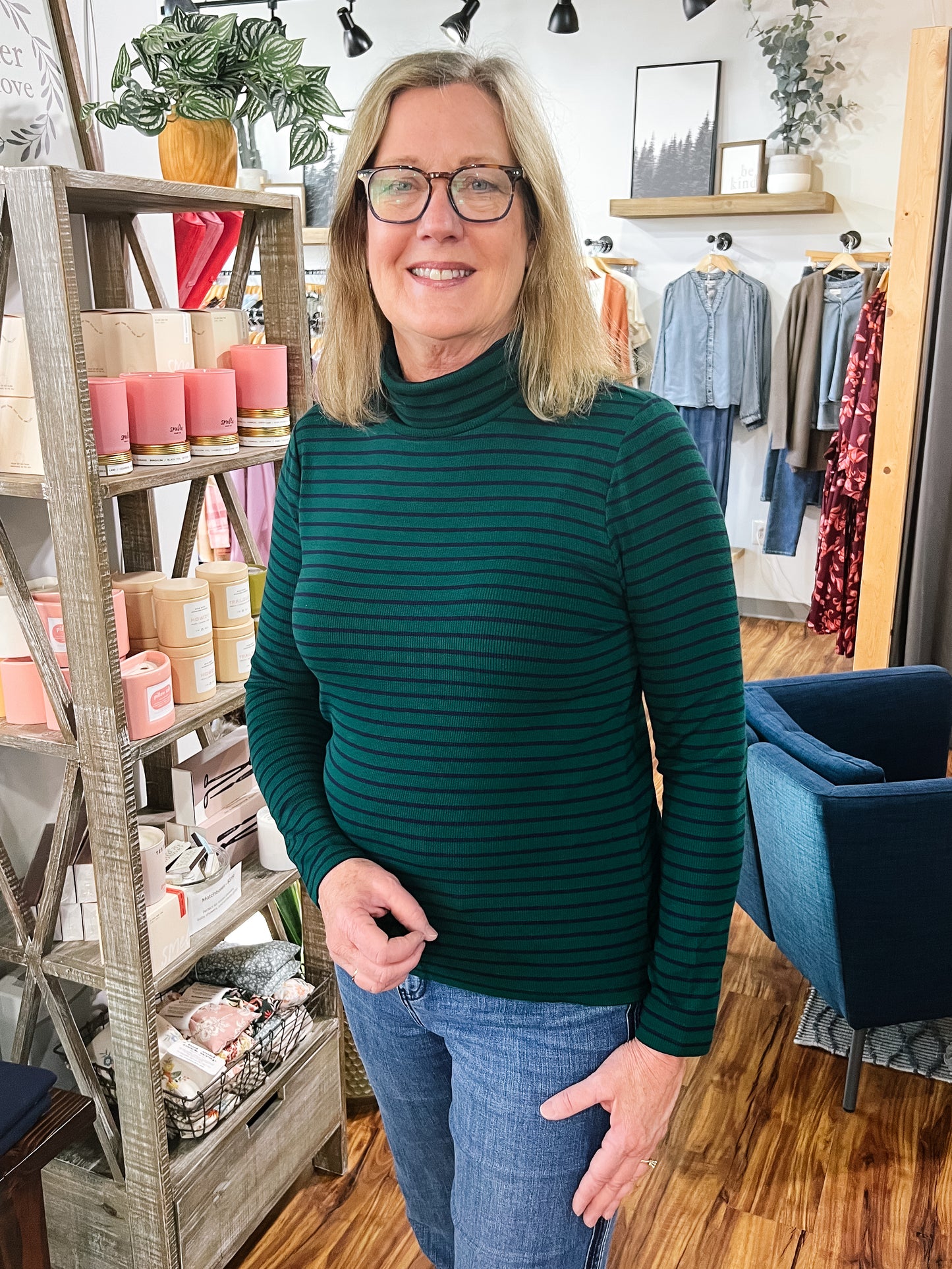 Emerald W/ Navy Stripe Turtleneck Top