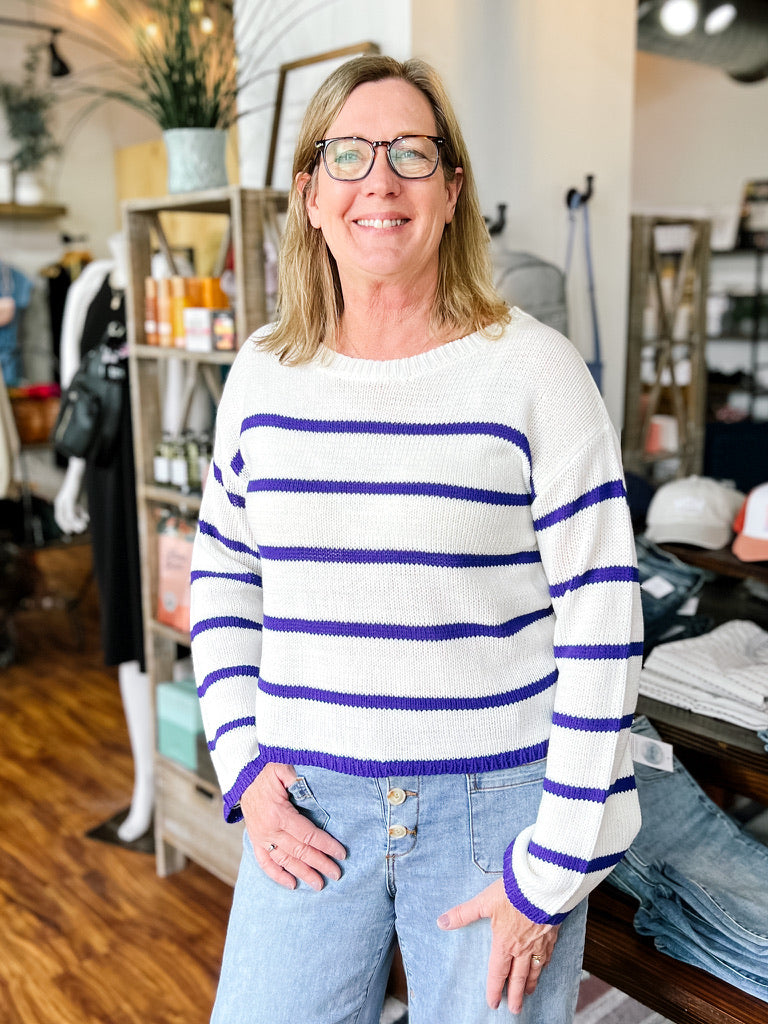 Cream & Blue Stripe Lace Back Sweater