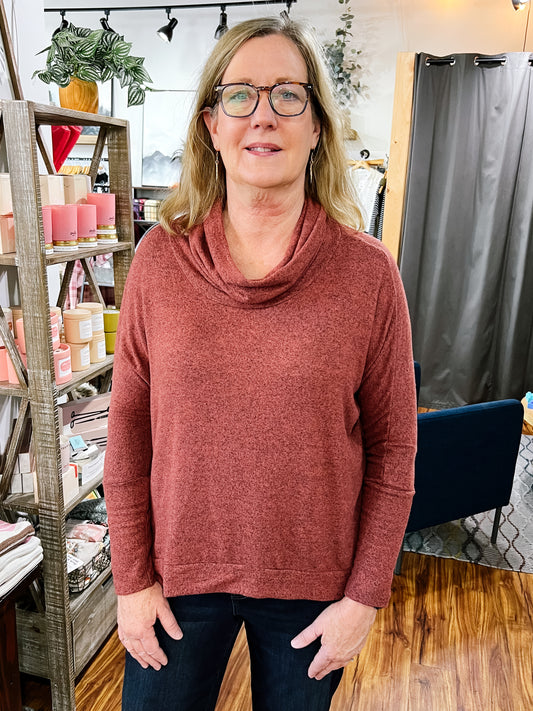 Mahogany Cowl Neck Long Sleeve Top
