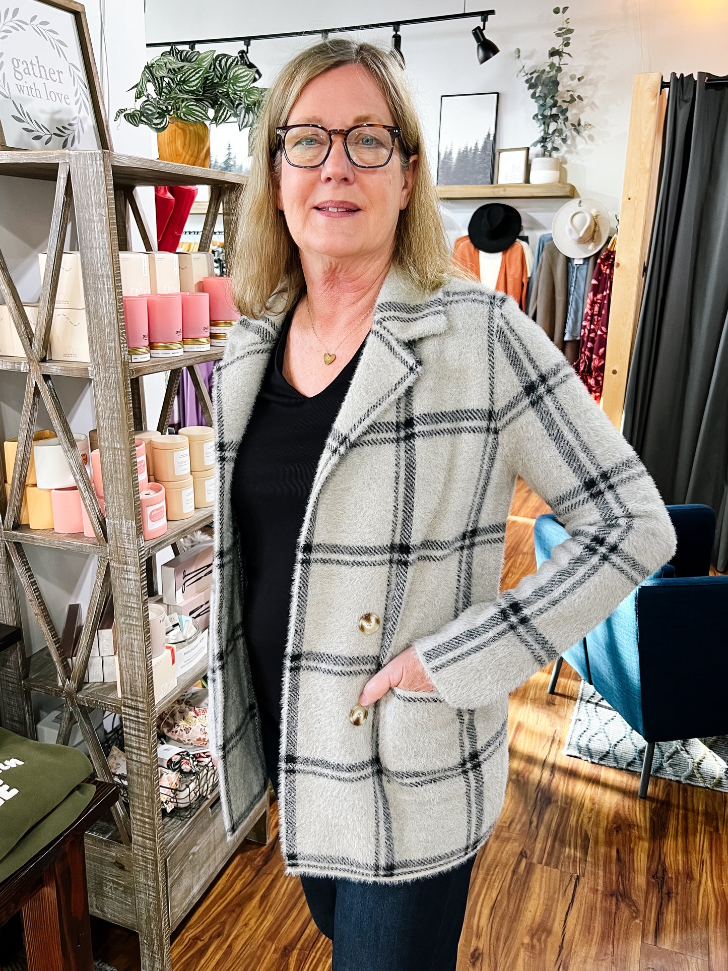 Gray Plaid Open Cardigan