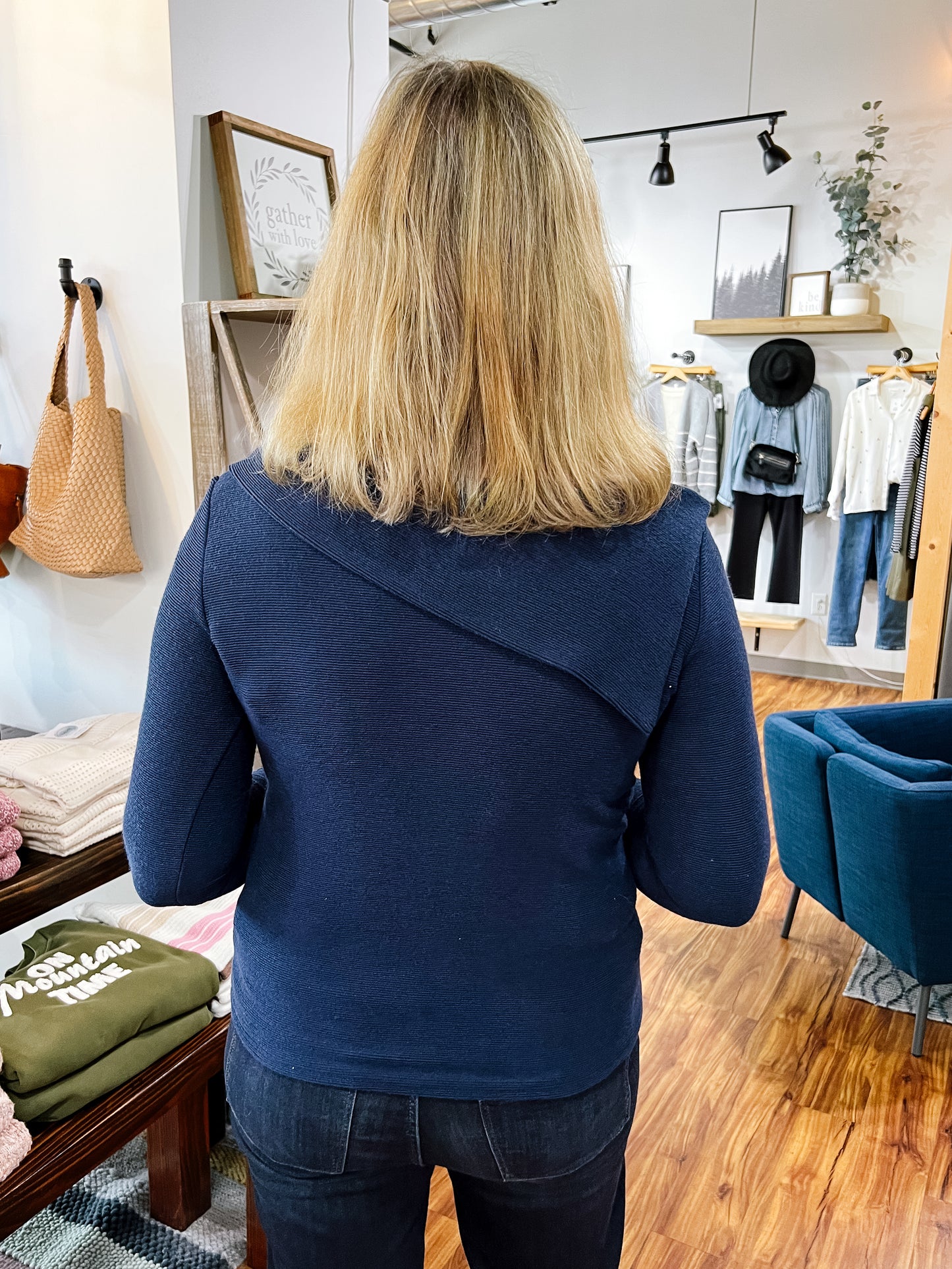 Navy Blue Semi-Off Shoulder Top