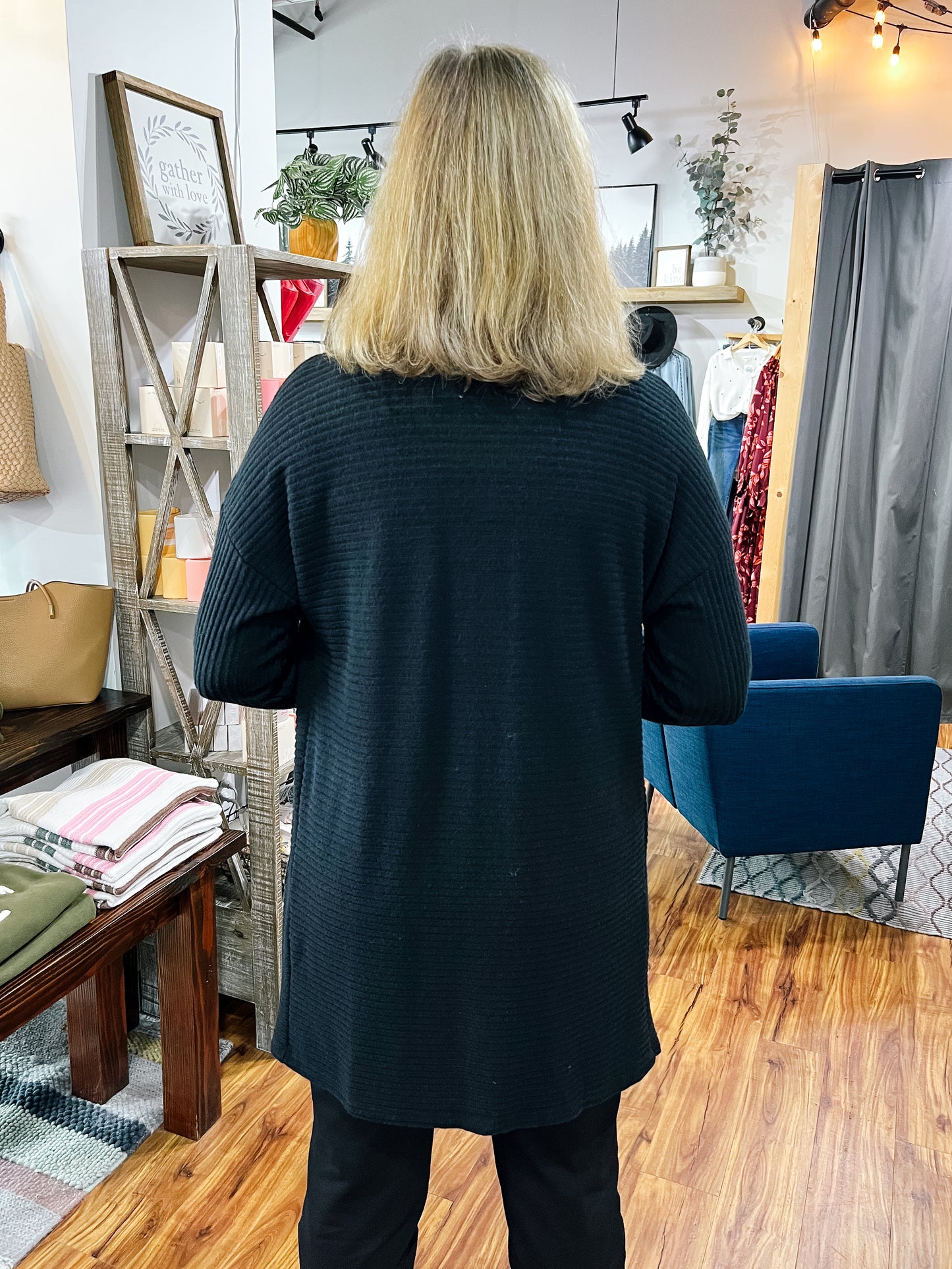 Black Ribbed Long Cardigan