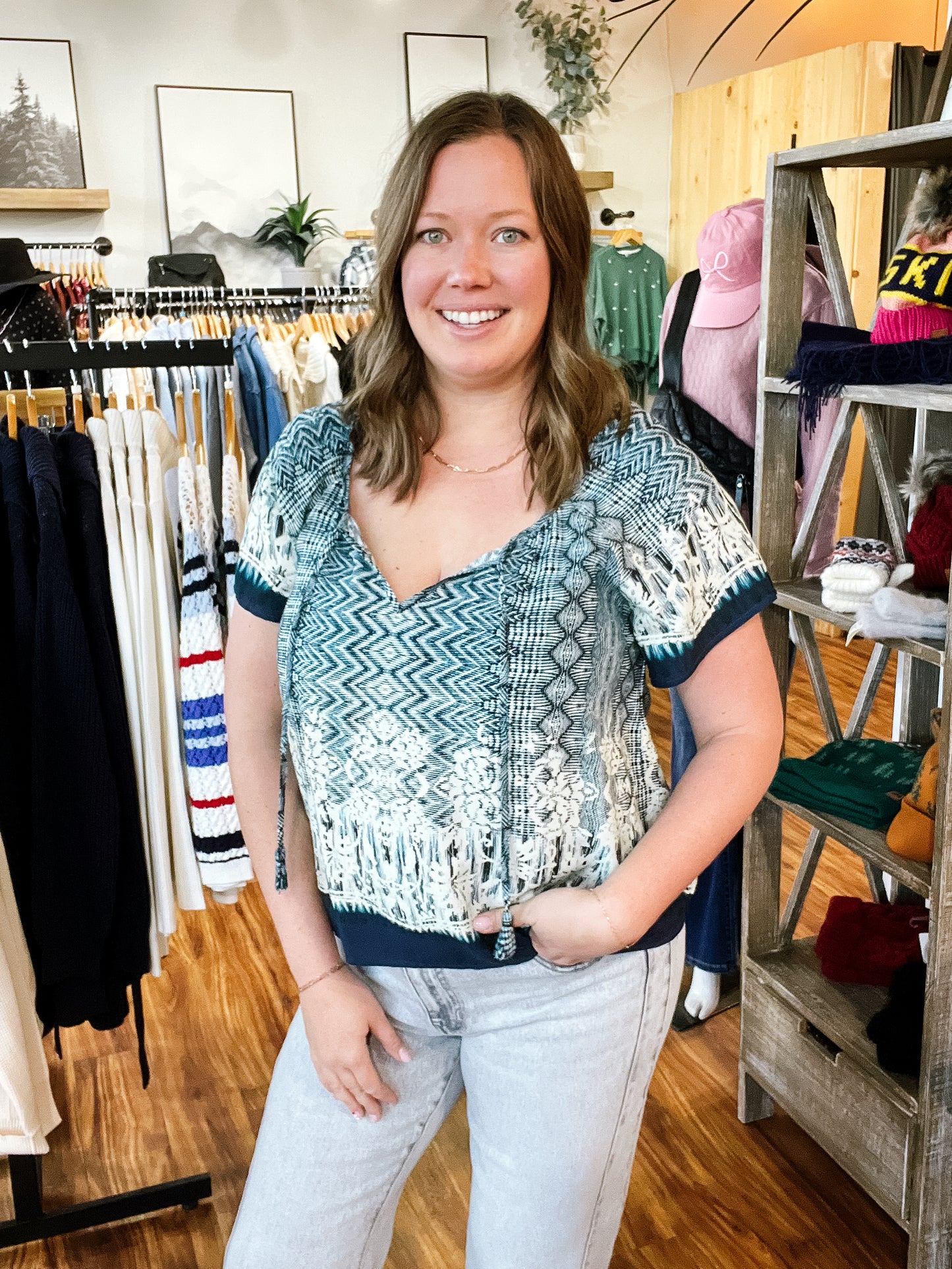 Navy Ikat Print Short Sleeve Top