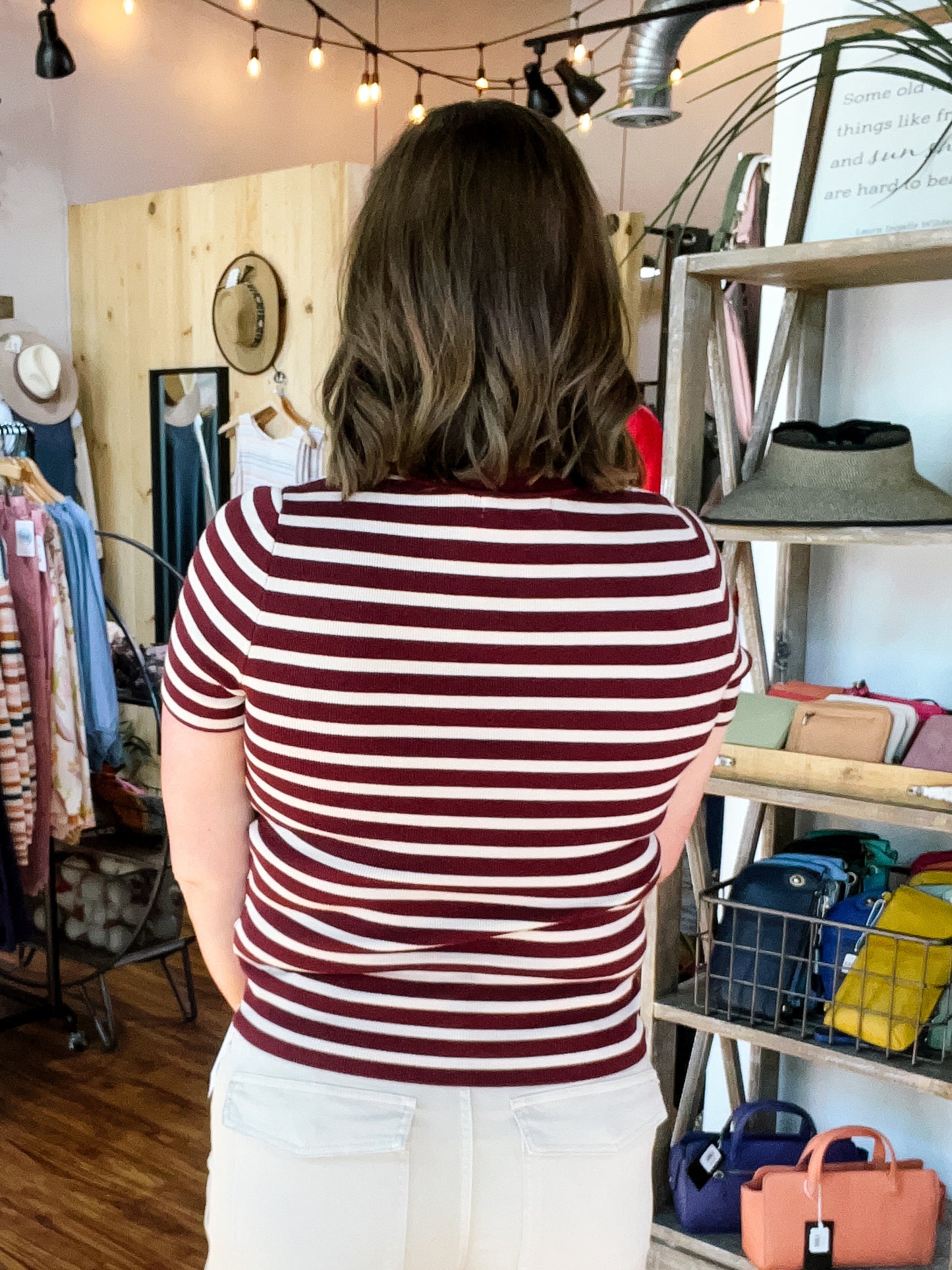 Wine & Beige Stripe Short Sleeve Sweater