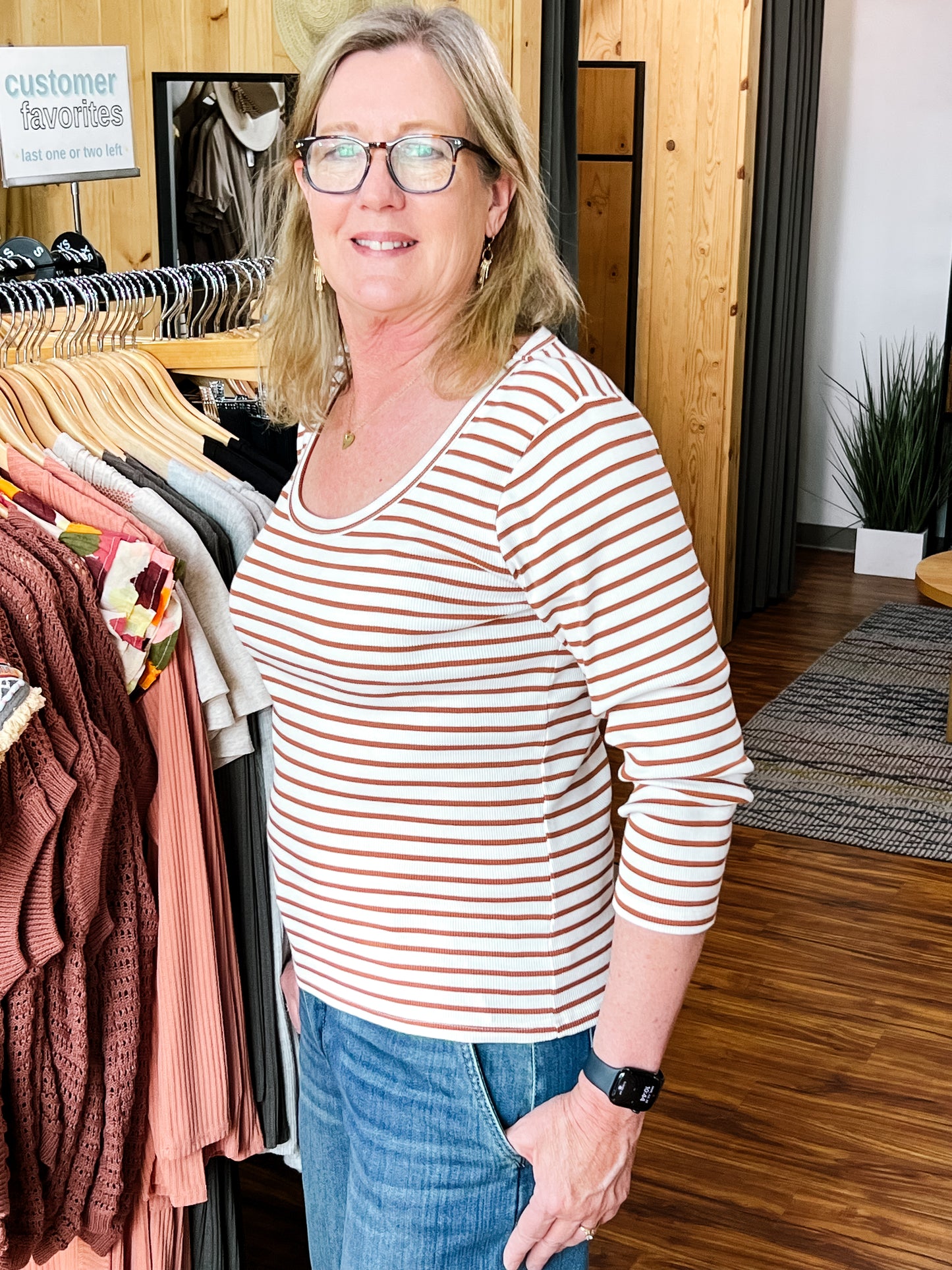 Rust And Cream Stripe Scoop Neck Top
