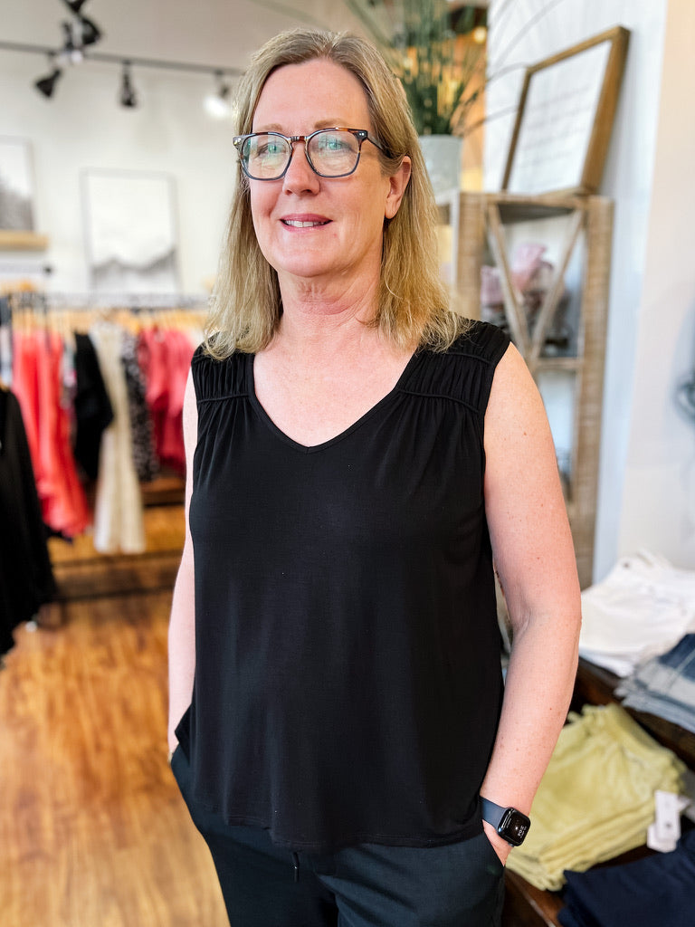 Black Sleeveless Shirred Tank