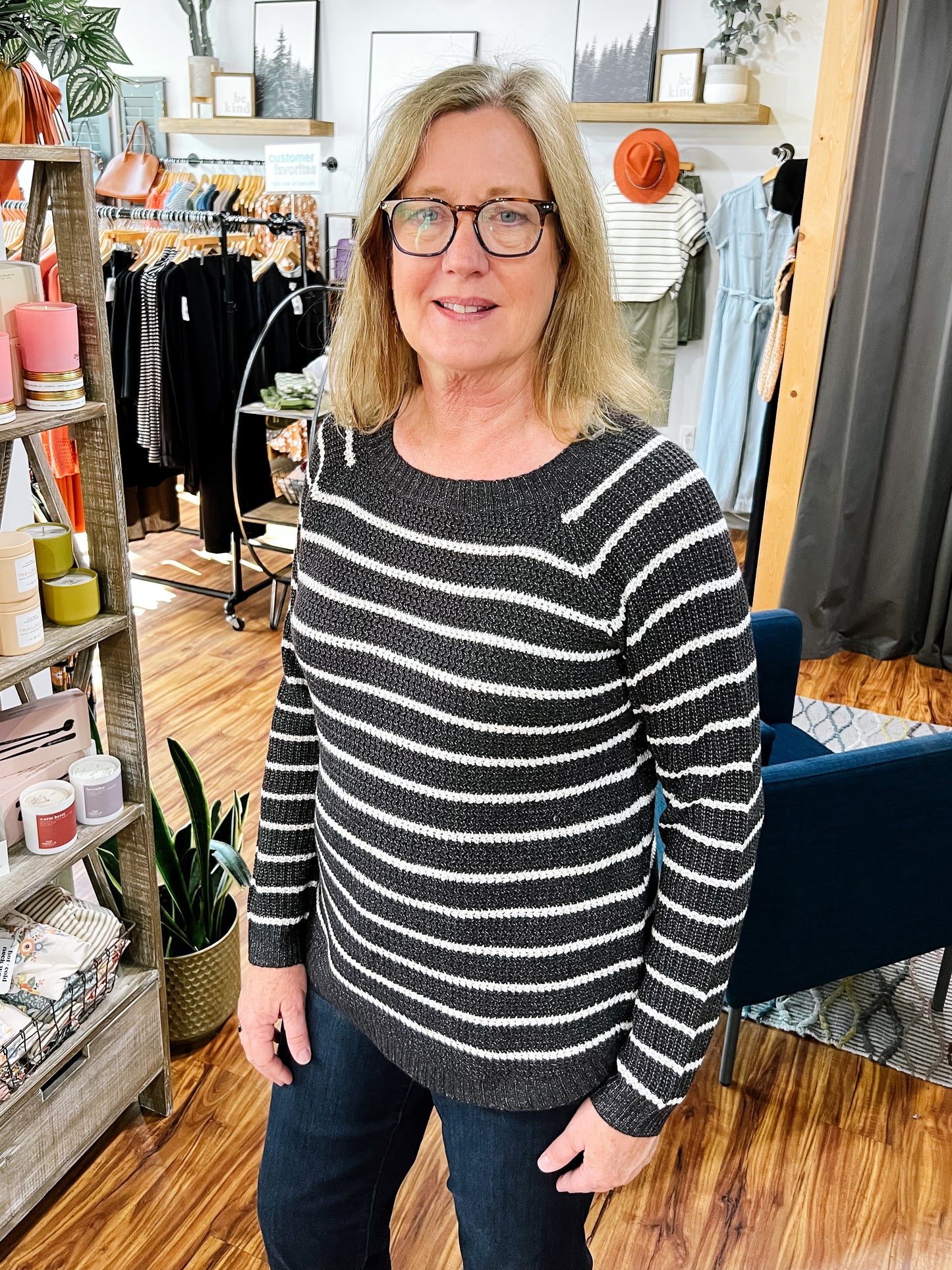 Charcoal & White Stripe Crewneck Sweater
